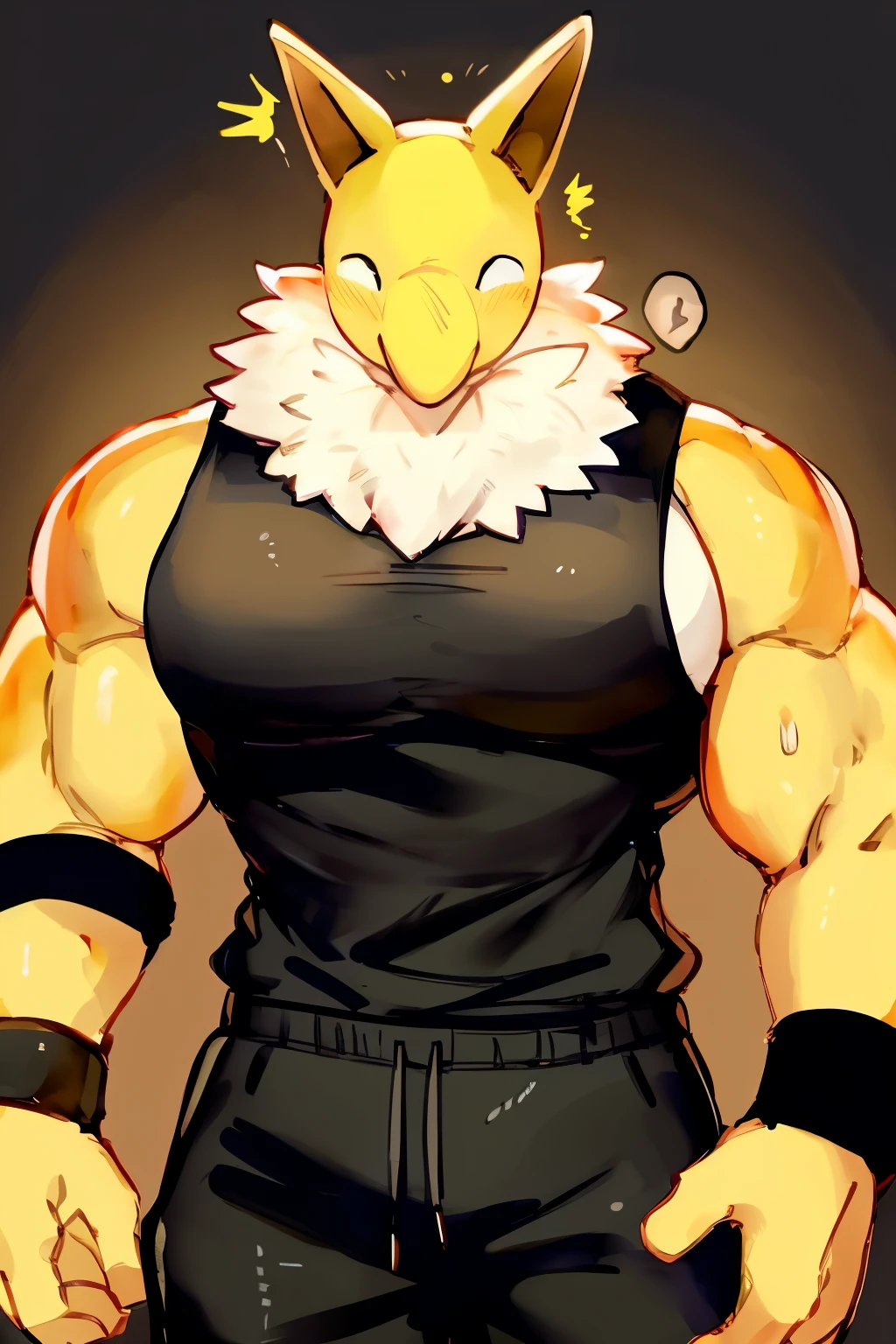 Furry, Anthro, solo, Hypno, Male, (((muscular body, massive male pectorals, yellow skin, wearing white fluffy fur around neck))), ((((massive biceps, shocked, wide-eyed, head tilted, sweating, glossy)))), ((((((massive bulky torso, facing viewer, wearing black tanktop, black wristbands, wearing black sweatpants)))))) upper body, (front view), black/yellow spraypainted background, by buta99, by zackary911, by bebebebebe, (((digital painting)))