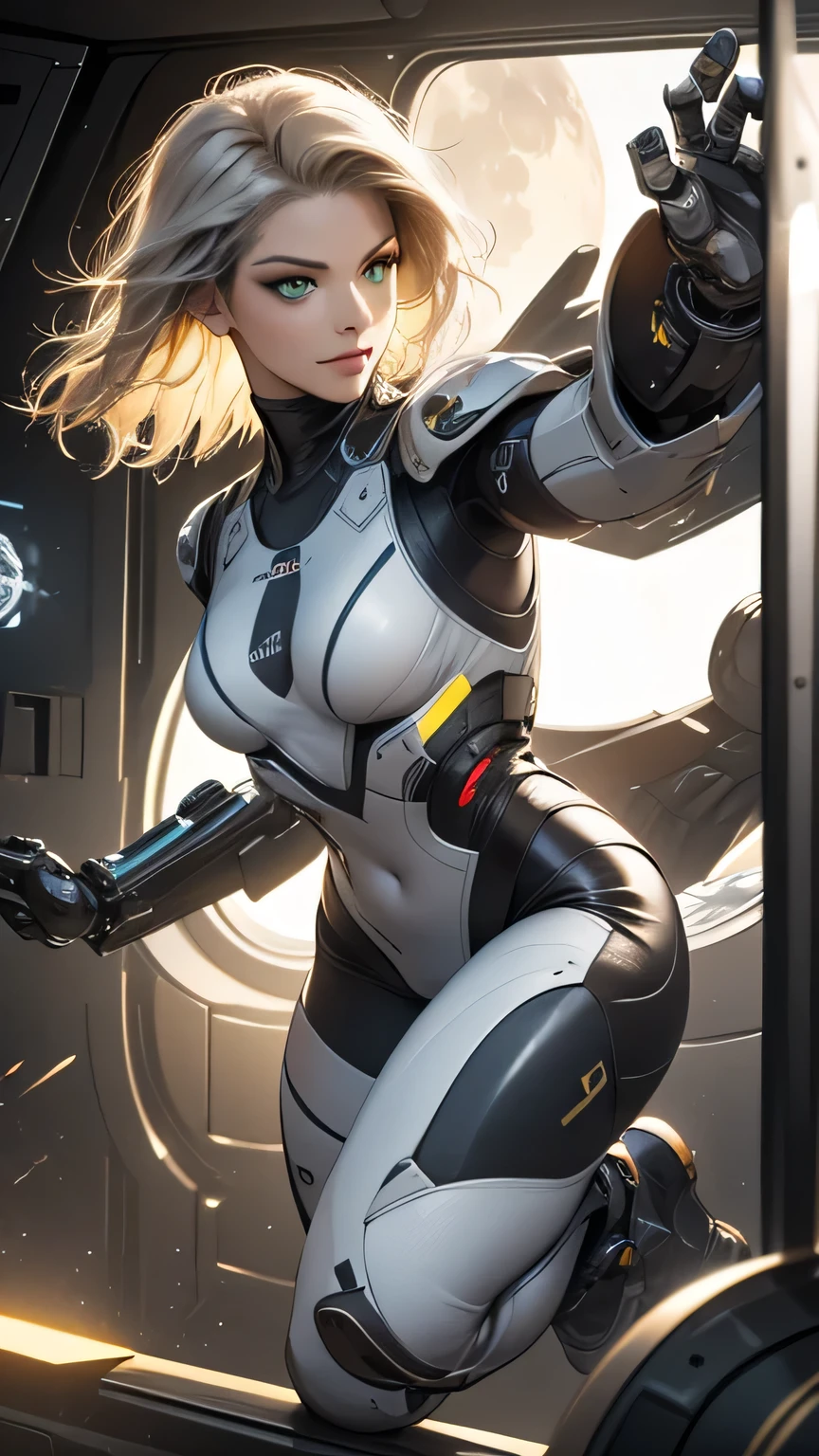 ((Highest quality)), ((masterpiece)), 8K quality, (detailed), High Resolution Skins:1.3, Realistic skin texture, full body, slim, smile, close mouth, Natural Makeup, fluffy short hair, Messy Hair, Looking at Viewer, (Upper body from thighs up), sharp focus, Bust B cup, Slim figure, Beautiful eyes in every detail, realistic eye and face details, depth of field, View from the front, platinum blonde hair, green eyes, (A woman in a white robot suit running in a spaceship with big window), (running pose:1.3), (the Moon is visible from the spaceship window:1.2), Hair blowing in the wind,  (The robot suit has LED indicators and meters), Young cyborg woman, Beautiful cyborg woman, the mechanical parts are visible, woman with cybernetic enhancements, silver metal skin, glowing neon lines, Reflective surface, Advanced technology, High-tech products, Color holographic projection, dramatic lighting,
