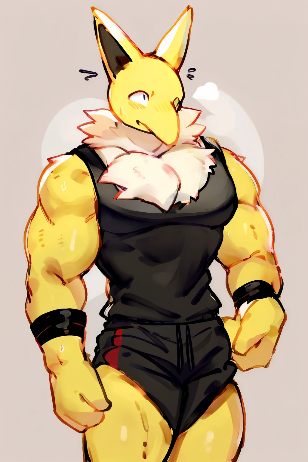 Furry, Anthro, solo, Hypno, Male, (((muscular body, massive male pectorals, yellow skin, wearing white fluffy fur around neck))), ((((massive biceps, shocked, wide-eyed, head tilted, sweating, glossy)))), ((((((massive bulky torso, facing viewer, wearing black tanktop, black wristbands, wearing black sweatpants)))))) upper body, (front view), black/yellow spraypainted background, by buta99, by zackary911, by bebebebebe, (((digital painting)))