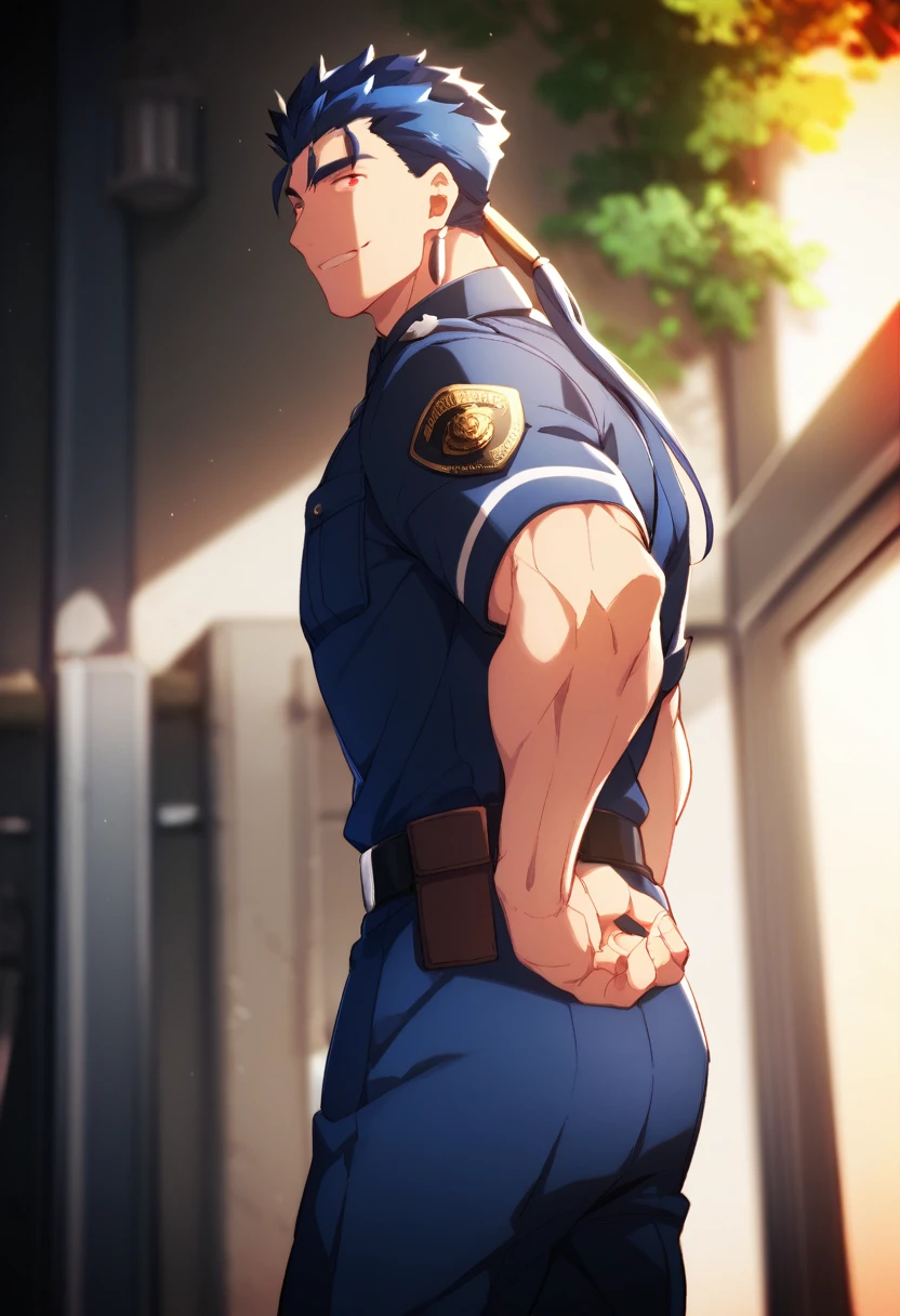 cu Chulainn Lancer blue dressed as a muscular police officer with red anime eyes with a flirtatious look showing a little butt