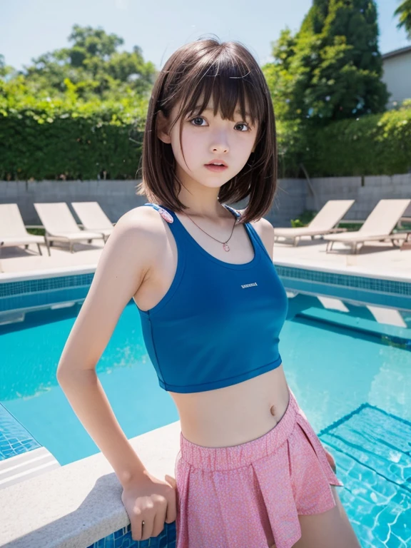 (realistic, photo-realistic, best quality, masterpiece), (full body, frontal photography), solo, 1girl, an 18yo Japanese woman, collarbone, choker, jewelry, (skimpy swimwear, thin strap, thighs:1.4), sandals, jewelry, pale skin, cute and child-like face, (flat chest:1.2), (detailed face, detailed eyes, sophisticated nose), simple background,