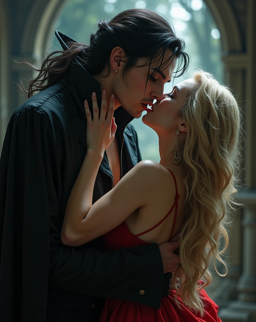 (A male vampire), (drinking blood from the neck of an attractive blonde woman), dramatic lighting, pale skin, (fangs bared), intense gaze, cinematic composition, dark moody atmosphere, deep red and blue color tones, photorealistic, highly detailed, intricate textures, dramatic shadows, cinematic lighting, the woman is in a light, elegant dress, the focus is on the interaction between the vampire and the woman. woman in skimpy modern clothes, (human woman), (vampire man)