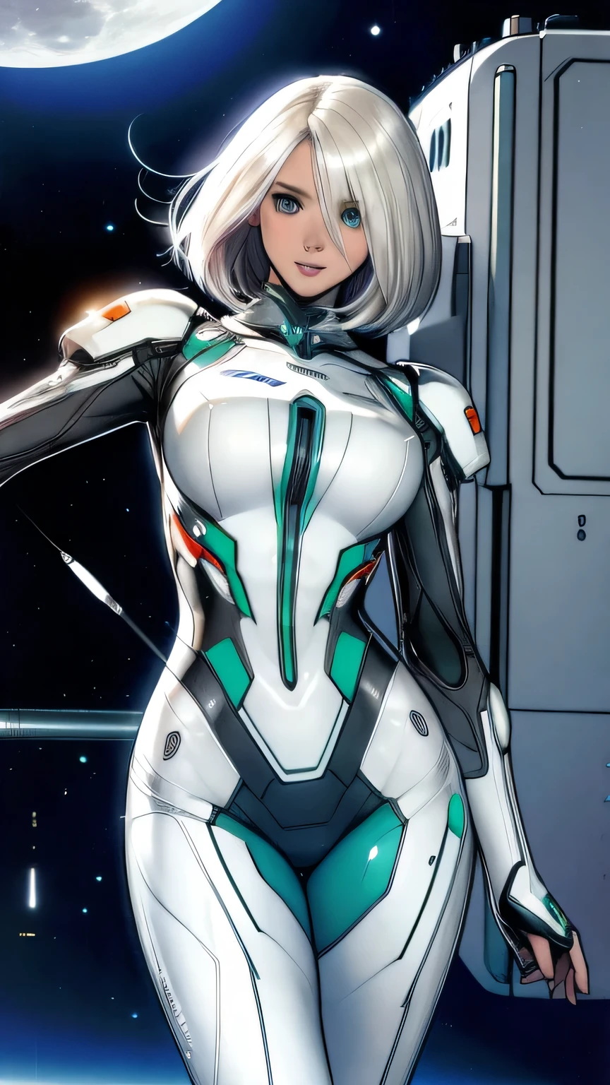 ((colored line art, comic style, masterpiece, best quality, )), (Maximum clarity and sharpness, vintage comic) white mecha armor, robot girl, natural big breasts, wide hips and slim waist, good proportions, green hair in ponytail, white and detailed background of futuristic lab, low iso, white balance, rule of thirds, from side, expressive youthfull face, wide eyed surprised look, Fantasy Eyes