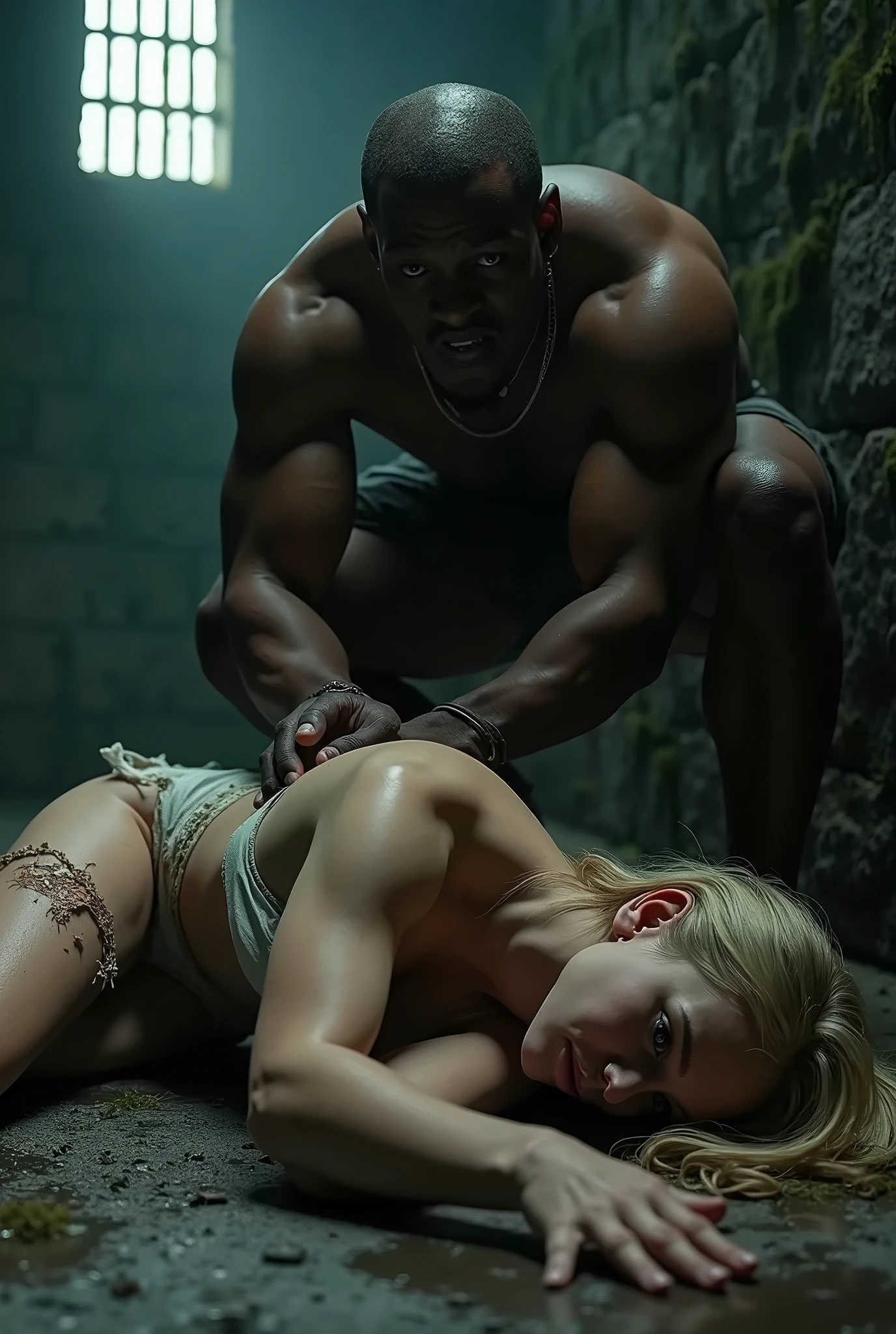(photorealism:1.2), middle aged caucasian woman, (age 38:1.5), uncomfortable pose, realistic, intricate details, warm colours, blonde white hair, shoulder length bobcut hair, rough face skin, short height, thick thighs, sweaty, textured aged skin, tanning lines, small breasts, skinny-fit, dog collar, black blindfold, dark red uneven lipstick, wearing pink very tight high-waist cotton thong with a heart ❤️ on it , full body visible, legs spread, tight fishnet high-waist t-shirt, in a big dark basement, endured face, hands showing peace ✌️ sings, no tattoos, mouth open, showing goey tongue, kneeling on a soiled mattress, tall skinny Caucasian young man standing above her, young man is wearing balaclava, ((4K)), young man is holding her neck,