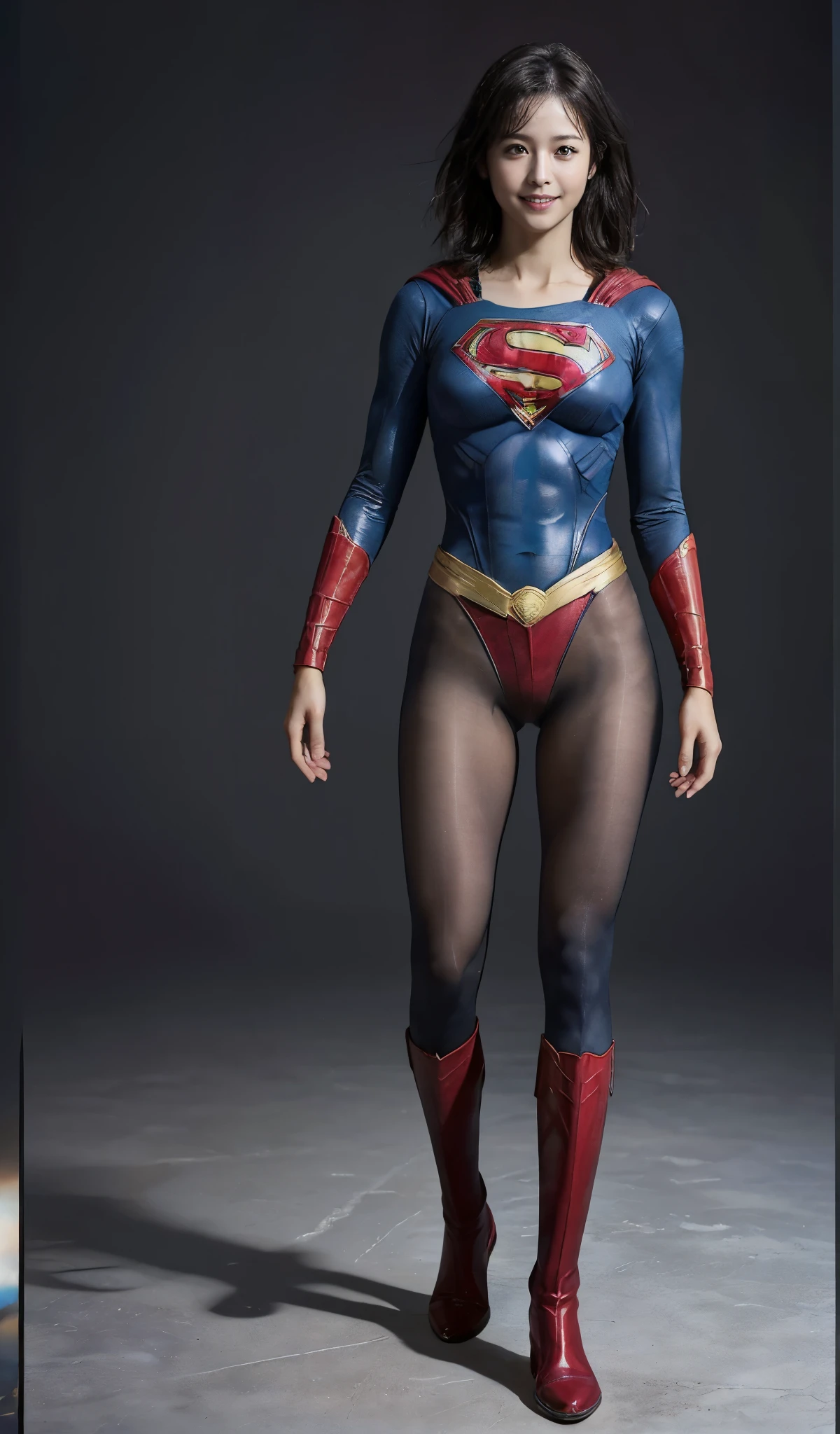 No background、(((Beautiful legs in black tights.)))、(((Legally Express the Beauty of Your Smile)))、((((Make the most of your original images)))、((( Supergirl Costume)))、(((Beautiful short bob hair)))、(((suffering)))、(((Please wear black tights....、Wear red boots)))、((Highest quality、8k))、((Best Quality、8k、masterpiece:1.3))、(((Save Background )))、Sharp focus:1.2、  Beautiful Woman with Perfect Figure :1.4、Thin abdominal muscles:1.2、Wet body:1.5、 highly detailed face and skin textures、8k