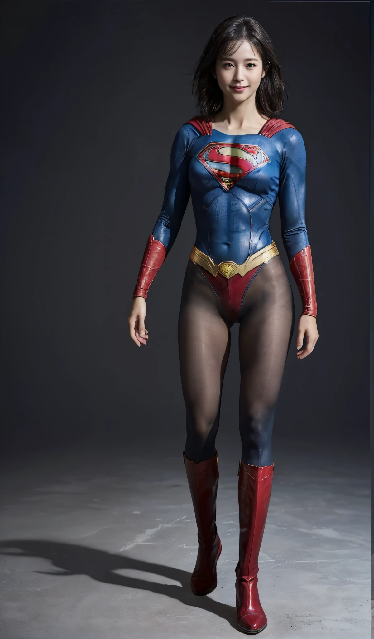 No background、(((Beautiful legs in black tights.)))、(((Legally Express the Beauty of Your Smile)))、((((Make the most of your original images)))、((( Supergirl Costume)))、(((Beautiful short bob hair)))、(((suffering)))、(((Please wear black tights....、Wear red boots)))、((Highest quality、8k))、((Best Quality、8k、masterpiece:1.3))、(((Save Background )))、Sharp focus:1.2、  Beautiful Woman with Perfect Figure :1.4、Thin abdominal muscles:1.2、Wet body:1.5、 highly detailed face and skin textures、8k