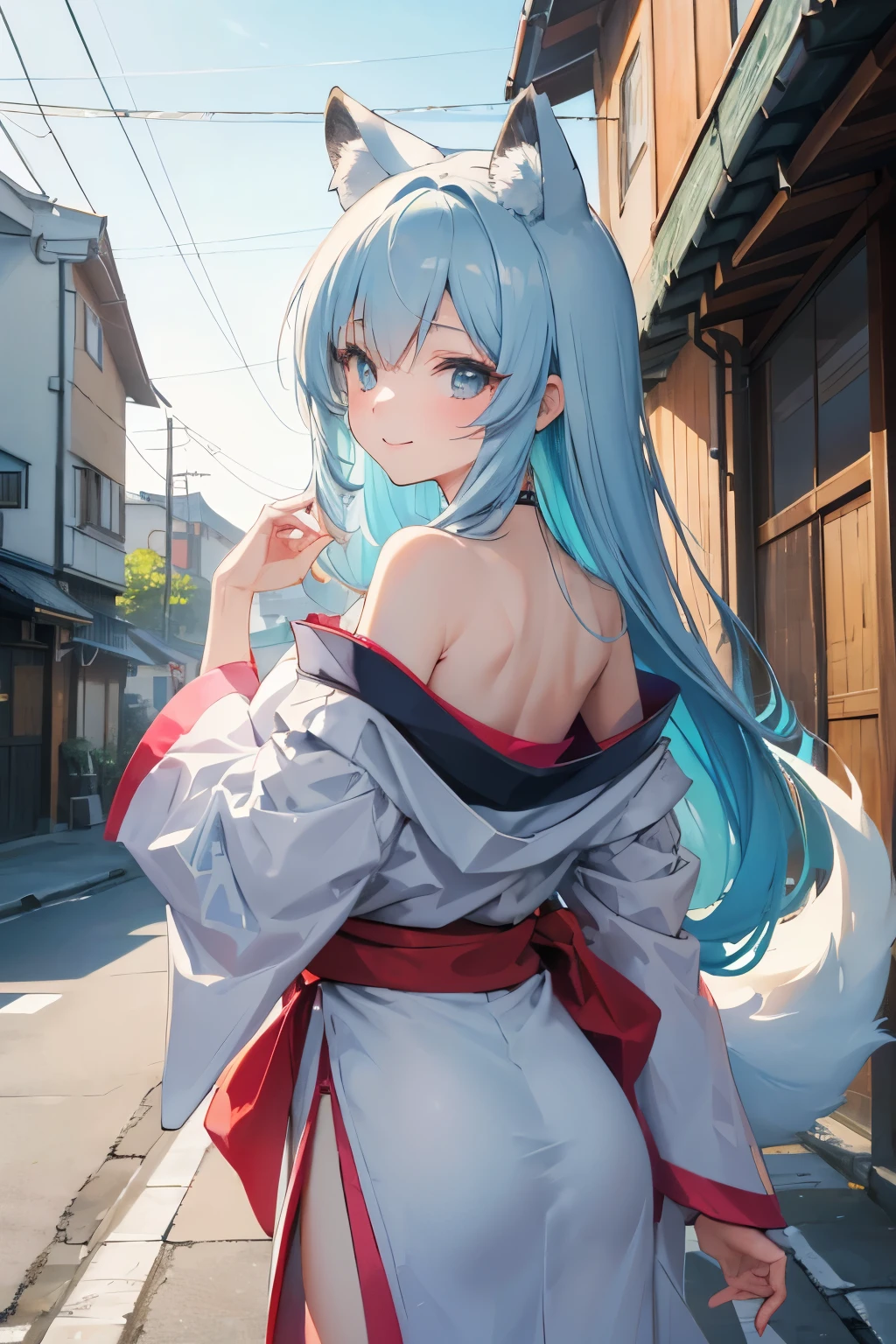 (masterpiece,best quality,ultra-detailed), a 23-years old compassion, nurturing, perfect onee-chan. She has ice white colored side-swiped bangs long hairs to waist, ocean blue colored kind oval downturned eyes, arctic fox ears and tail, wearing off-shoulder kimono, standing in a sexy pose, in a japanese street, showing off her curves, nurturing smile. A japanese street background