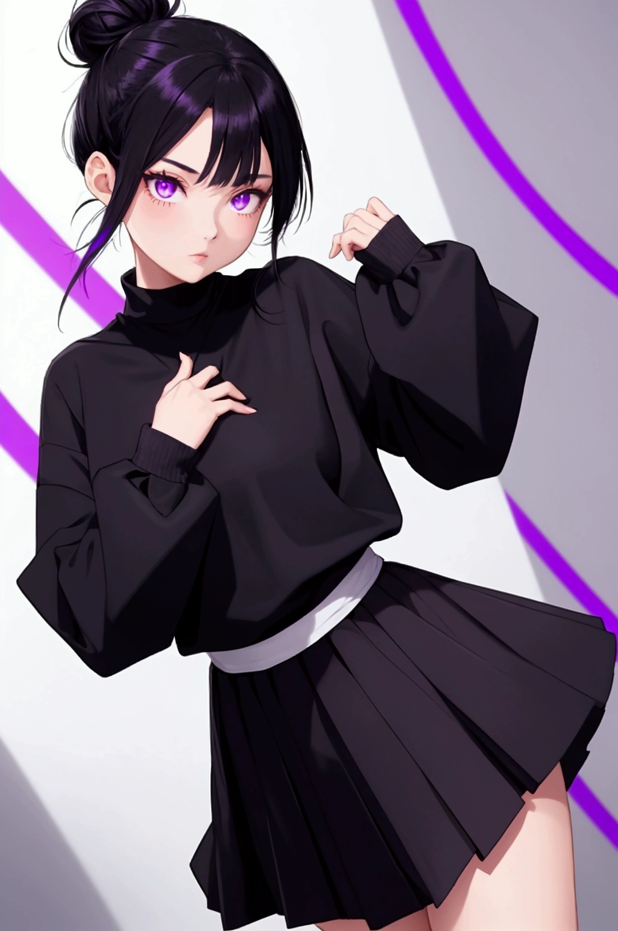 (masterpiece), best quality, (expressive eyes), perfect adult face, a woman on ninja clothes, resting her head on a hand, dynamic black long hair, (hair over one eye), bangs, pony tail, wide open eyes, purple eyes, witde smug smile, teeth, purple scarf, dark purple sleeveless suit, black tight sleeves, ((shot from below)), ((looking down at viewer)), ((close up shot)), carmin red bedroom, night sky moon, shushing