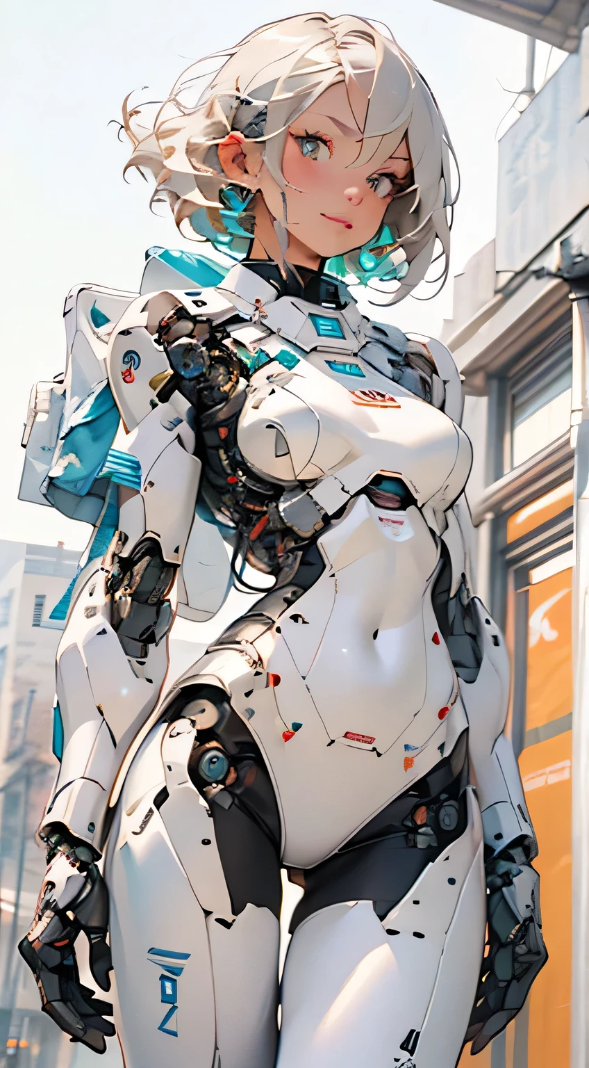 ((Highest quality)), ((masterpiece)), 8K quality, (detailed), High Resolution Skins:1.3, Realistic skin texture, full body, slim, smile, close mouth, Natural Makeup, fluffy short hair, Messy Hair, Looking at Viewer, (Upper body from thighs up), sharp focus, Bust B cup, Slim figure, Beautiful eyes in every detail, realistic eyes and face details, depth of field, View from the front, platinum blonde hair, green eyes, (A woman in a white robot suit running in a spaceship with big window), (running pose:1.2), (the Moon is visible from the spaceship window), Hair blowing in the wind, (The robot suit has LED indicators and meters), Young cyborg woman, Beautiful cyborg woman, the mechanical parts are visible, woman with cybernetic enhancements, glowing neon lines, Advanced technology, High-tech products,