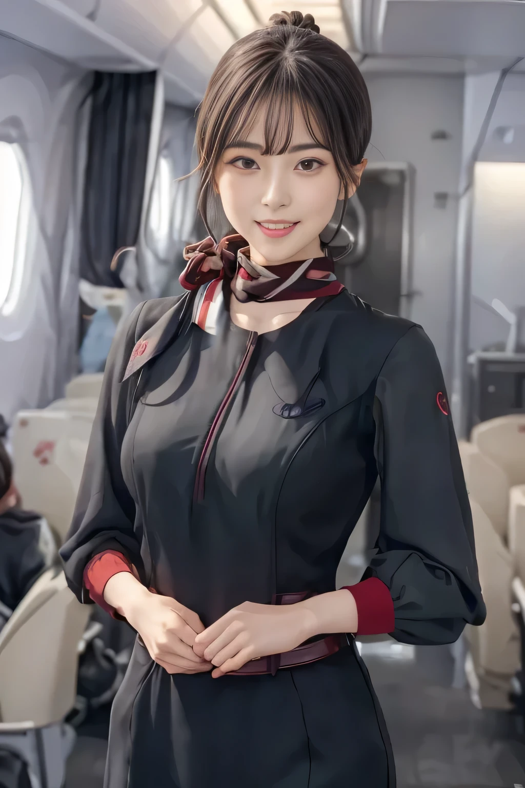 (masterpiece:1.2, Best Quality:1.2), 32K HDR, High resolution, (Alone、1 girl)、(on board、 professional lighting)、In-flight background、(JAL flightattendant uniformを着たリアルスタイル)、((JAL flightattendant uniform short sleeve jumper skirt 、Red belt on the waist 、Scarf around the neck))、Dark brown hair、(Long Hair、Hair tied up、Hair tied up)、Dark brown hair、Long Shot、Big Breasts、Thin legs、((Great hands:2.0)),(( Harmonious body proportions:1.5)),((Normal limbs:2.0)),((Normal finger:2.0)),((Delicate eyes:2.0)),((Normal eyes:2.0)))、smile、(JAL flightattendant uniform美しい立ち姿)、Hands clasped underneath