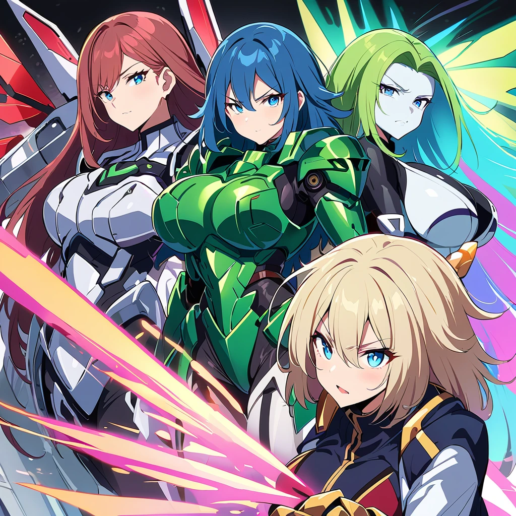 Anime, high detailed, multiple womans, mature womans, glassy-lighted green mecha armor, large mechanical wings, determined expression, large clawed Gauntlet, curvy body, long mechanical wings ,sheen aura、pale skin、blue Eyes, elongated pupils,  Mature Woman 、womans surrounding, sheen aura