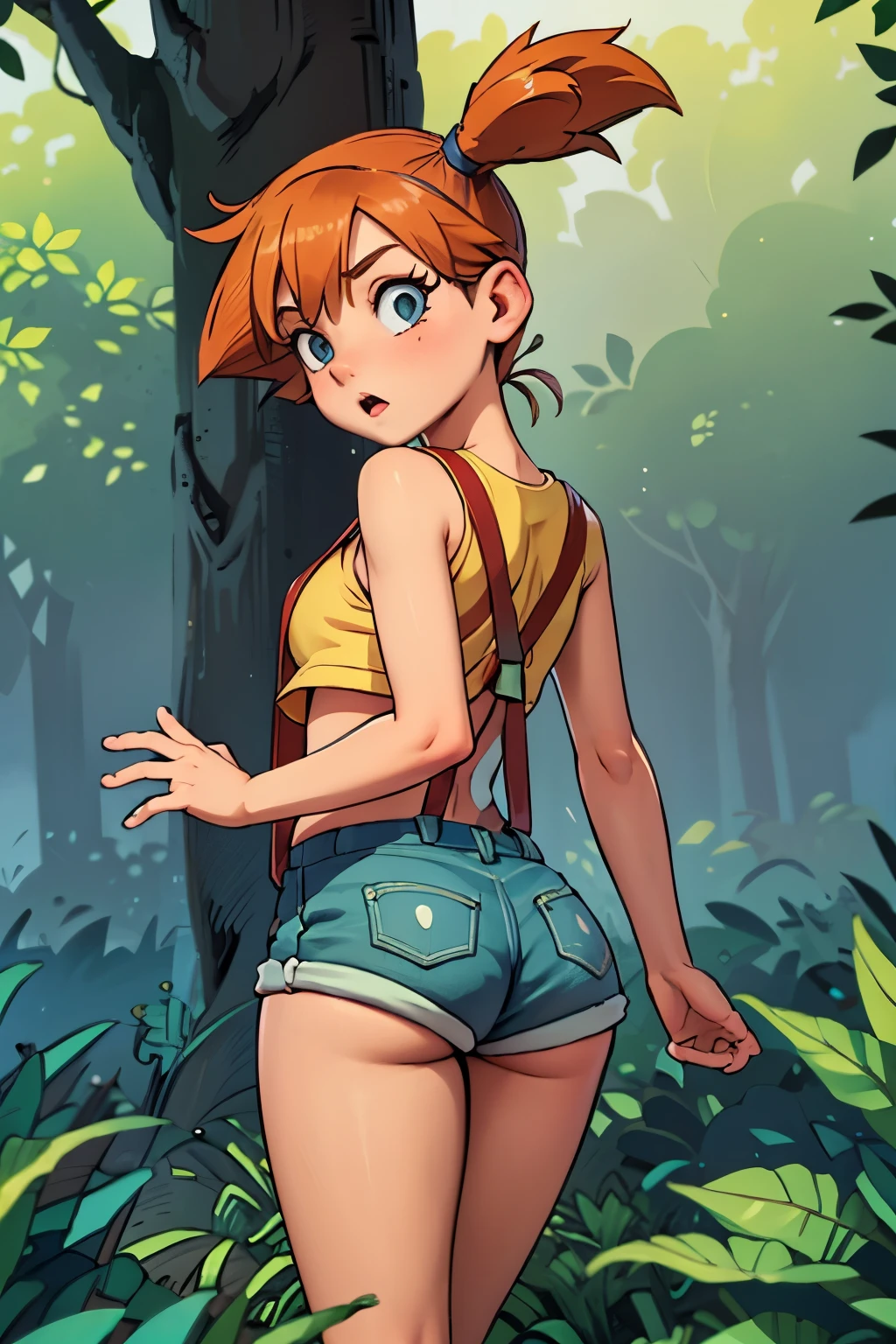 Misty from Pokemon, 1 girl,Alone,g-string denim short shorts, surprised expression, clavicle ,no shirt, red suspenders,looking back at the viewer,outside,depth of field, leaning against tree, legs, cameltoe, playful, Masterpiece, Best Quality, absurdities, high resolution, 4k, ray tracing, intricate details, Very detailed, (1 girl:Perfect face, beautiful, small breasts, small) Highqlb:perfect mouth, makeup screenshot, perfect jaw, good fortune hing 