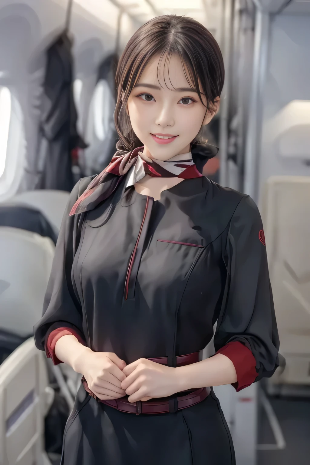 (masterpiece:1.2, Best Quality:1.2), 32K HDR, High resolution, (Alone、1 girl)、（on board、 professional lighting）、In-flight background、（JAL flightattendant uniformを着たリアルスタイル）、（（JAL flightattendant uniform short sleeve jumper skirt 、Red belt on the waist  、Scarf around the neck））、Dark brown hair、（Long Hair、Hair tied up、Hair tied up）、Dark brown hair、Long Shot、Big Breasts、Thin legs、（（Great hands：2.0）），（（ Harmonious body proportions：1.5）），（（Normal limbs：2.0）），（（Normal finger：2.0）），（（Delicate eyes：2.0）），（（Normal eyes：2.0））)、smile、（JAL flightattendant uniform美しい立ち姿）、Hands clasped underneath