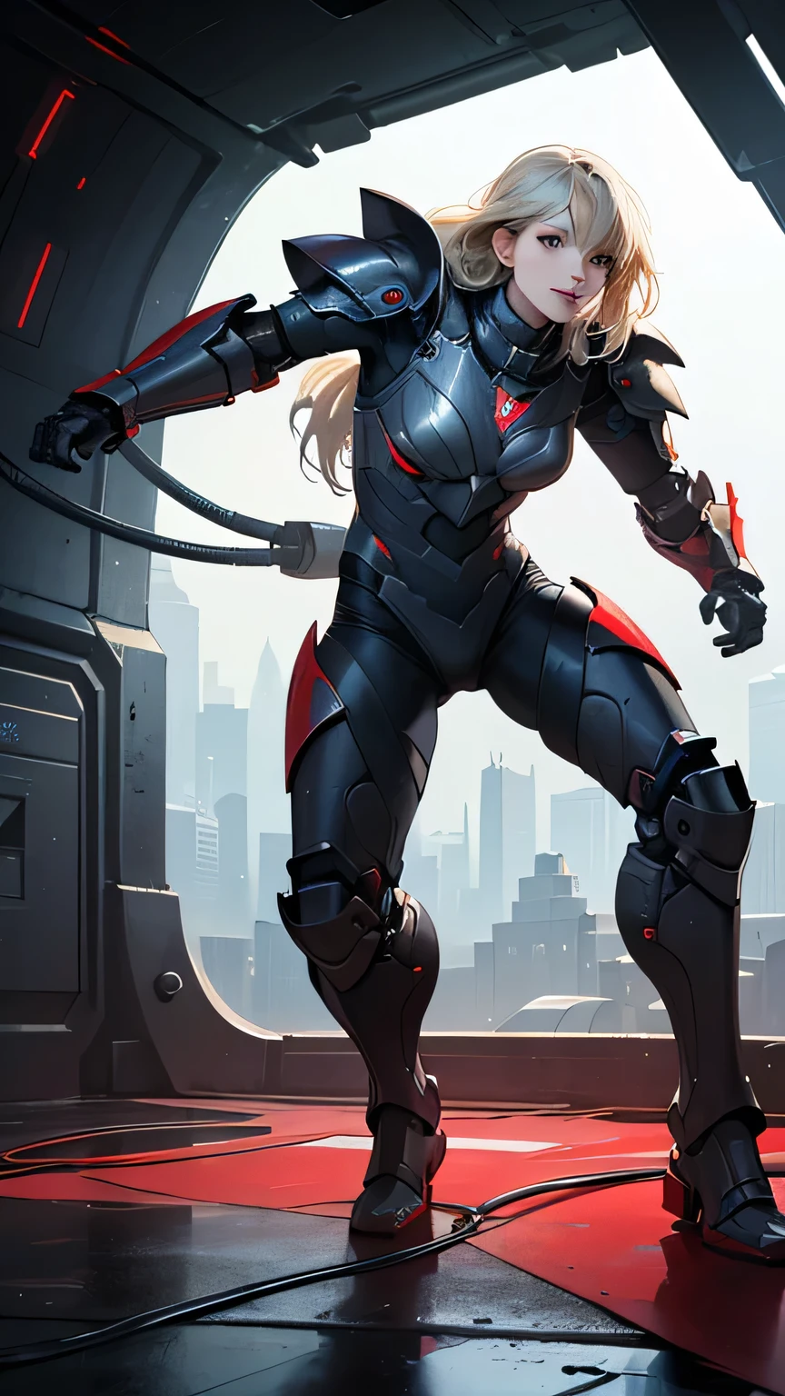 Beautiful cybernetic girl detailed muscles realistic masterpieces full figure pose (best quality,ultra-detailed), blonde straight hair, glasses, fair skin, fit body, slim figure, narrow waist, large buttocks, (cocky expression), black cybernetic battle combat suit, dynamic poses - auto