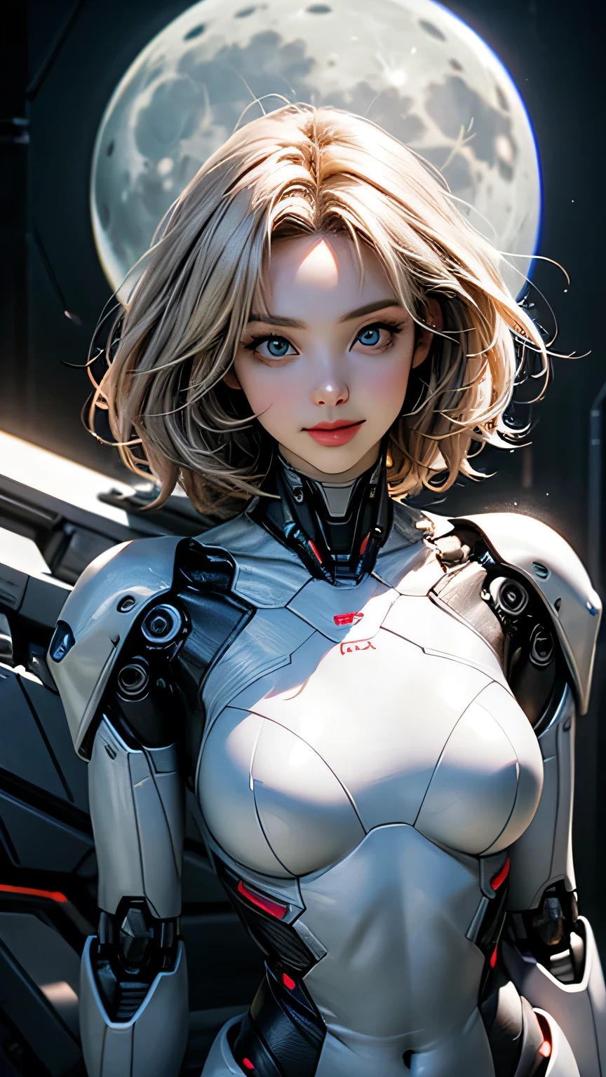 ((Highest quality)), ((masterpiece)), 8K quality, (detailed), High Resolution Skins:1.3, Realistic skin texture, full body, slim, smile, close mouth, Natural Makeup, fluffy short hair, Messy Hair, Asymmetrical bangs, Looking at Viewer, (Upper body from thighs up), sharp focus, Bust B cup, Slim figure, Beautiful eyes in every detail, realistic eye and face details, depth of field, View from the front, platinum blonde hair, green eyes, (A woman in a white robot suit poses in a spaceship with big windows), (the Moon is visible from the spaceship windows:1.2), Beautiful half-Caucasian cyborg girl, cute Cyborg Girl, Beautiful Cyborg Girl, Perfect Robot Girl, Cyborg Girl, Young cyborg woman, beautiful Female Robot, Beautiful robot woman, Cyborg Girl, Perfect cyborg woman, Porcelain Cyborg, Female Robot, Beautiful Cyborg Images, the mechanical parts are visible, wires and cables connecting shoulder, The robot suit has LED indicators and meters,