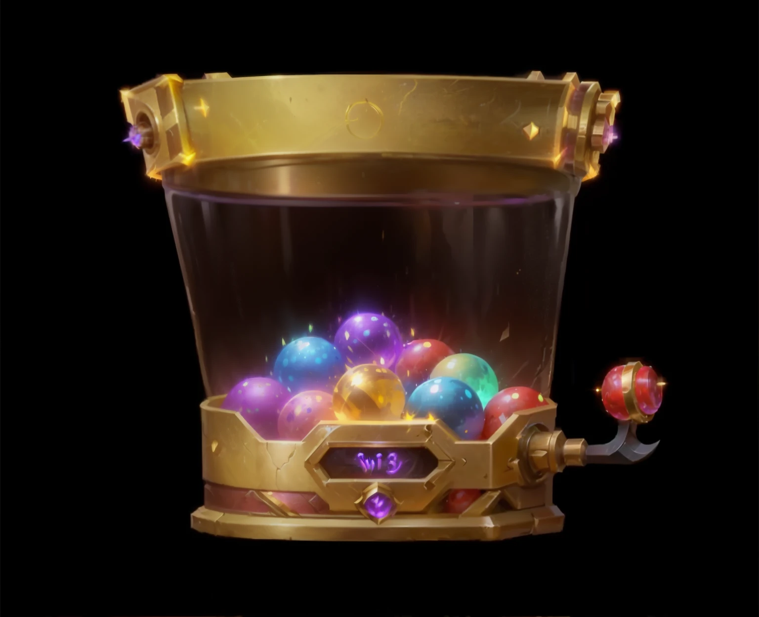   Close-up shot of a twister machine with a bunch of balls, Magical Weapons Showcase ，Metal Texture, Metal material，Magic Elements，World of Warcraft Spell Icons, Game Items,League of Legends Inventory Items，Stylized game icons, League of Legends style