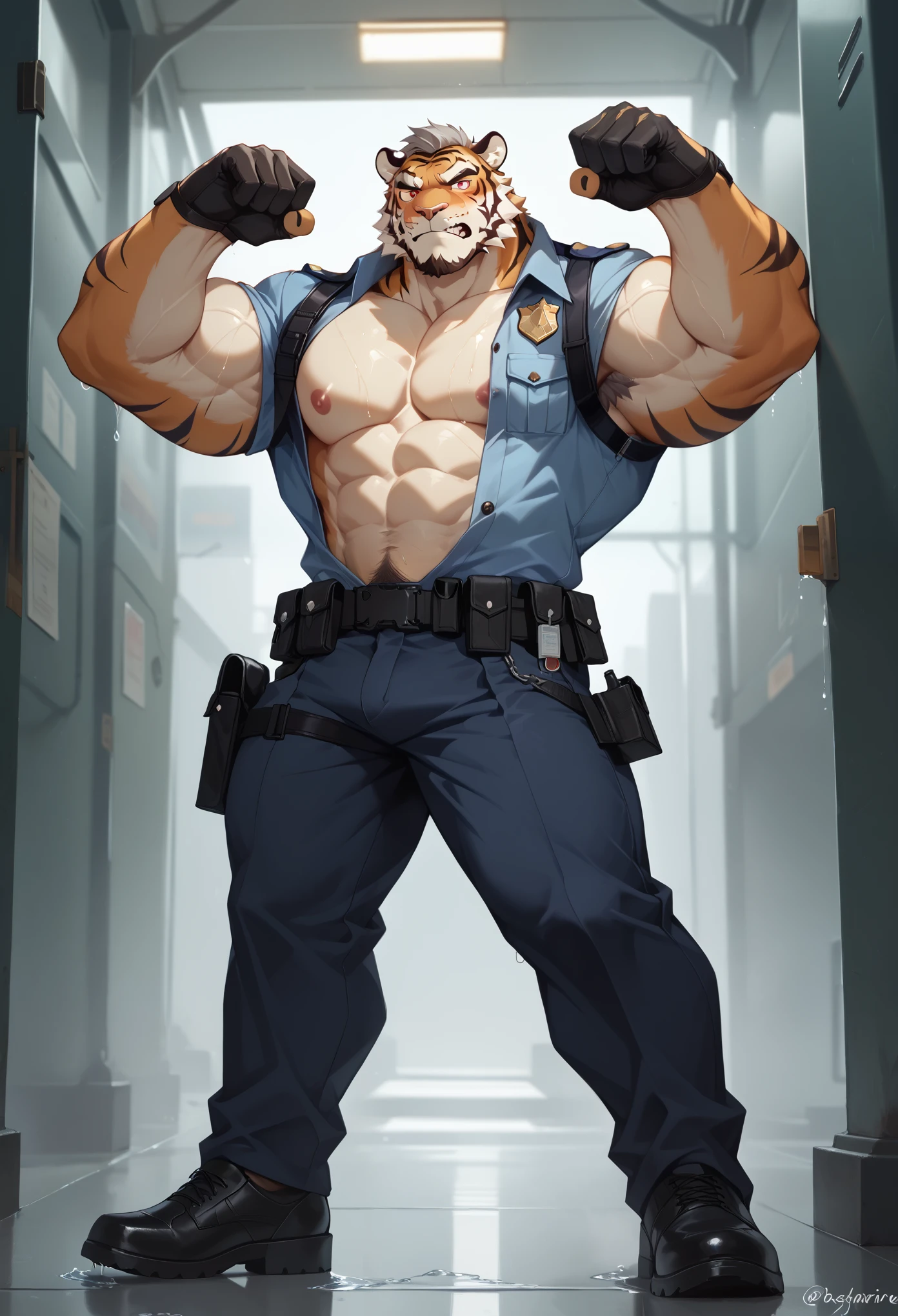 Best quality, masterpiece,ultra high res,detailed background,realistic, real shadow and light,depth of field, looking at the viewer, strong arm and veins, Close up, there is a man with tiger ears, that is standing at police station , commission for high res, bare chest, unbutton shirt, anthropomorphic, muscular chest, highly detailed full body, strong and imposing, detailed full body, muscular character, extra detailed body, macho pose, body detailed, (looking form beside), wet body, sweaty, short gray hair, beard, Ranger uniform, huge crotch, light brown Ranger, show armpit, body hair, angry face, red eyes, standing in front of station. Khaki Pants, Police equipments, bare chest, male nipples, older, elder, beard, erected, erection, embarrassed.