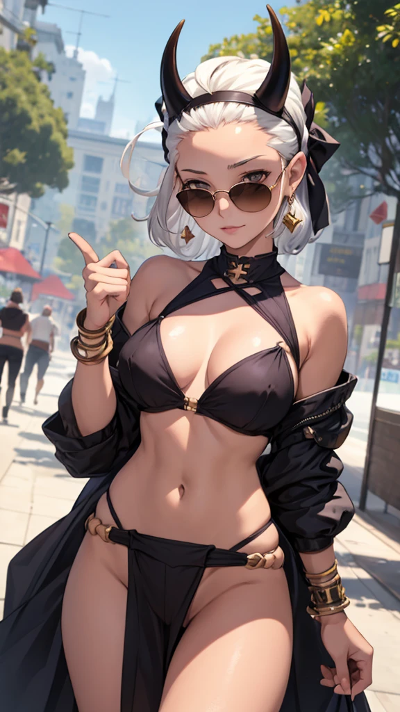 1girl, justice, horns, hairband, hair slicked back, sunglasses, harem outfit, loincloth