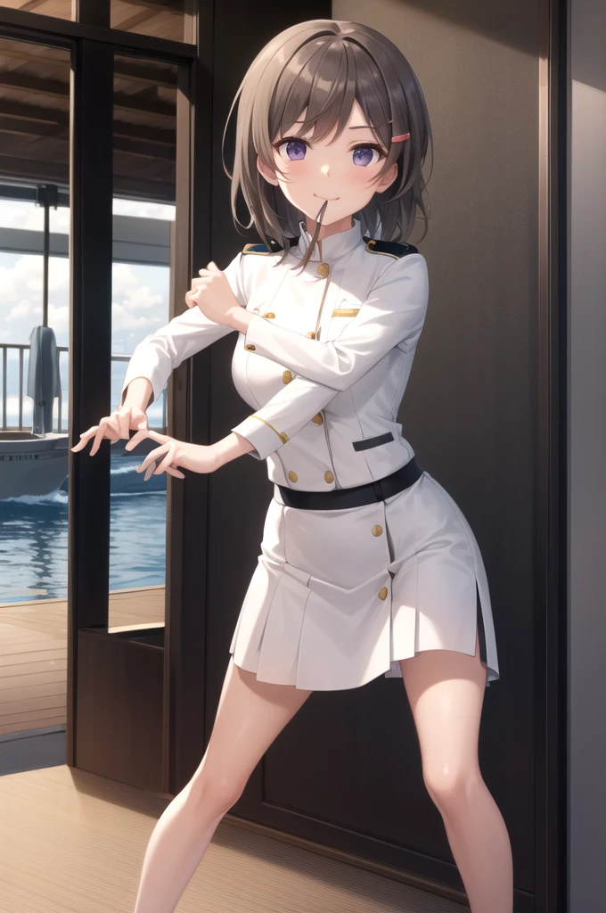 Best Quality, masterpiece, detailed,
Chinamoeka ,
 1 girl , Mouth closed, A light smile,
Brown Hair, Purple eyes, Short Hair, Hair Clip,
uniform,  white jacket , breast pocket, Black Skirt,
standing,  are staring at the viewer,  arms on the side of the mign,
Ocean, (Boat, military vehicle:1.2), A little thick,Aikido player、Aikido、Inside the Aikido Gymnasium、On the tatami、discovery、Combat Stance、Intense Battle、whole body、Spread your legs、Clenched hands、幼い頃Aikido家に育てられた.
