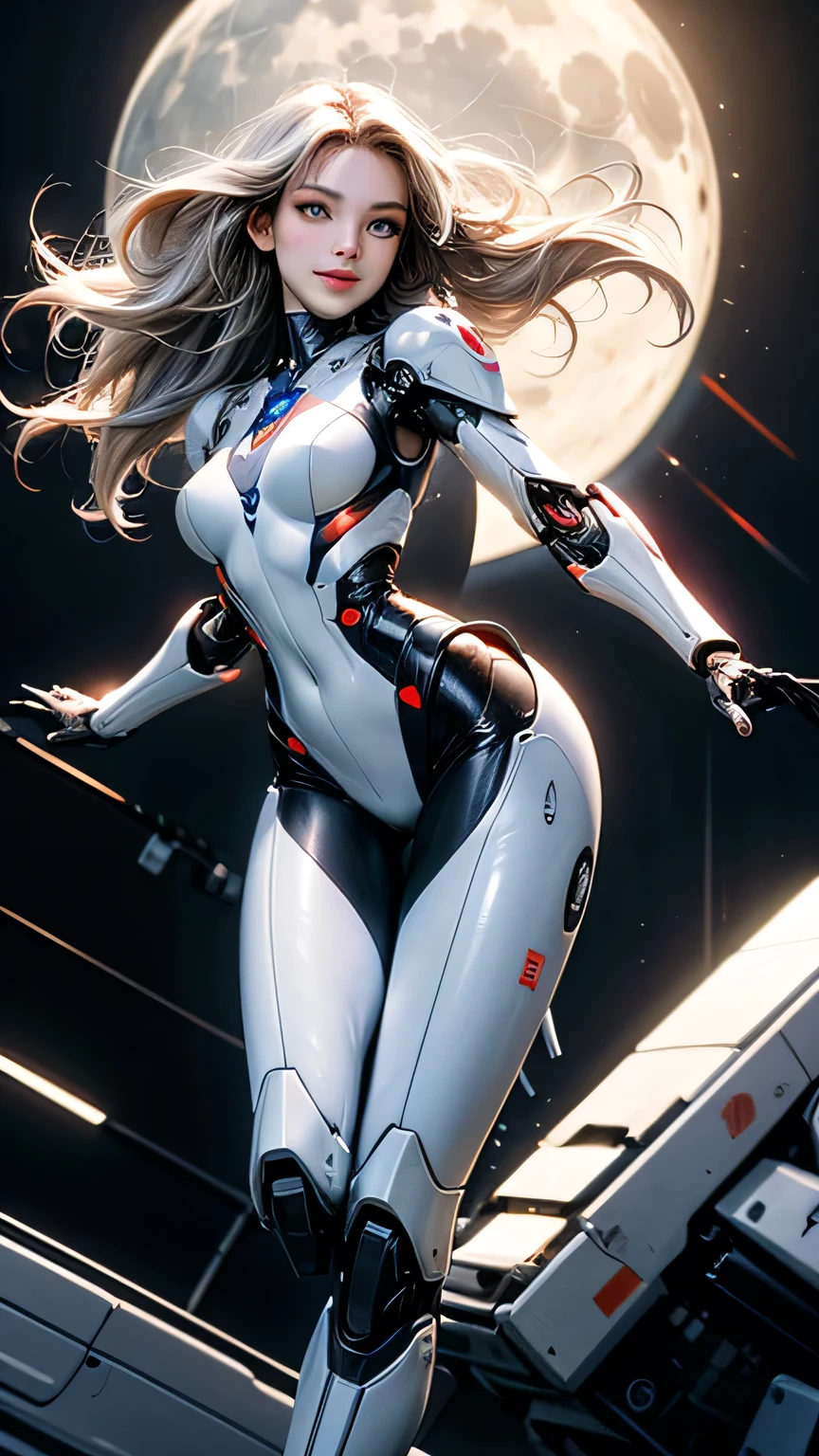((Highest quality)), ((masterpiece)), 8K quality, (detailed), High Resolution Skins:1.3, Realistic skin texture, full body, slim figure, smile, close mouth, Natural Makeup, fluffy short hair, Messy Hair, Looking at Viewer, (Upper body from thighs up), sharp focus, Bust B cup, Beautiful eyes in every detail, realistic eyes and face details, depth of field, View from the front, platinum blonde hair, green eyes, (A woman in a white robot suit poses in a spaceship with big window), (running pose:1.2), (the Moon is visible from the spaceship window), Hair blowing in the wind, (The robot suit has LED indicators and meters), the mechanical parts and big robot are visible, woman has cybernetic enhancements, glowing neon lines, neon lights, Advanced technology, High-tech products, Beautiful half-Caucasian cyborg girl, cute Cyborg Girl, Beautiful Cyborg Girl, Perfect Robot Girl, Cyborg Girl, Young cyborg woman, beautiful Female Robot, Beautiful robot woman, Cyborg Girl, Perfect cyborg woman, Porcelain Cyborg, Female Robot, Beautiful Cyborg Images, (full body Mecha cyber armor), female android combatant,