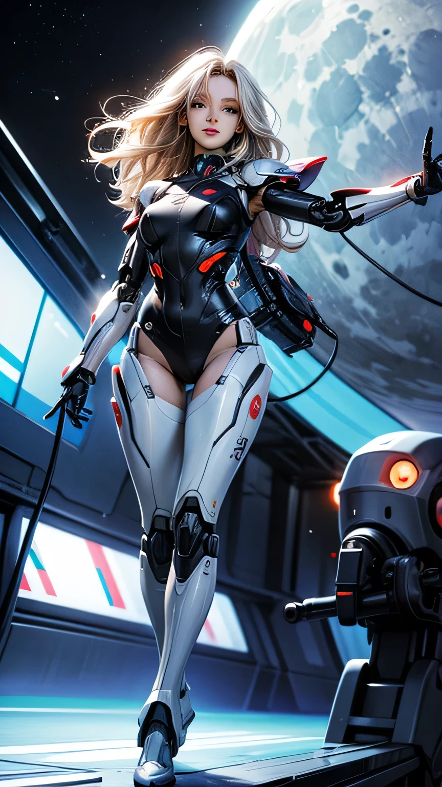 ((Highest quality)), ((masterpiece)), 8K quality, (detailed), High Resolution Skins:1.3, Realistic skin texture, full body, slim figure, smile, close mouth, Natural Makeup, fluffy short hair, Messy Hair, Looking at Viewer, (Upper body from thighs up), sharp focus, Bust B cup, Beautiful eyes in every detail, realistic eyes and face details, depth of field, View from the front, platinum blonde hair, green eyes, (A woman in a white robot suit poses in a spaceship with big window), (running pose:1.2), (the Moon is visible from the spaceship window), Hair blowing in the wind, (The robot suit has LED indicators and meters), the mechanical parts and big robot are visible, woman has cybernetic enhancements, glowing neon lines, neon lights, Advanced technology, High-tech products, Beautiful half-Caucasian cyborg girl, cute Cyborg Girl, Beautiful Cyborg Girl, Perfect Robot Girl, Cyborg Girl, Young cyborg woman, beautiful Female Robot, Beautiful robot woman, Cyborg Girl, Perfect cyborg woman, Porcelain Cyborg, Female Robot, Beautiful Cyborg Images, (full body Mecha cyber armor), A female android combatant from the future,