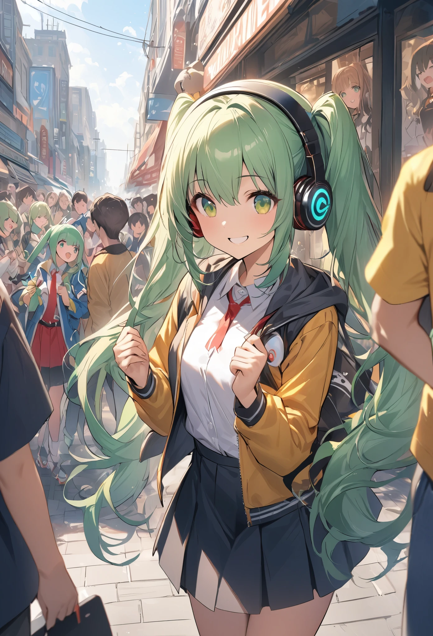 （masterpiece,） （detailed）、high quality、High resolution、JK Costume、Student Uniform、One beautiful girl、hatune friend,Long hair in twin tails、Green Hair、Green Eyes、１８Year old girl、Wear headphones and listen to music、Smile、Xihua Street、People at lunch break々A crowded street corner