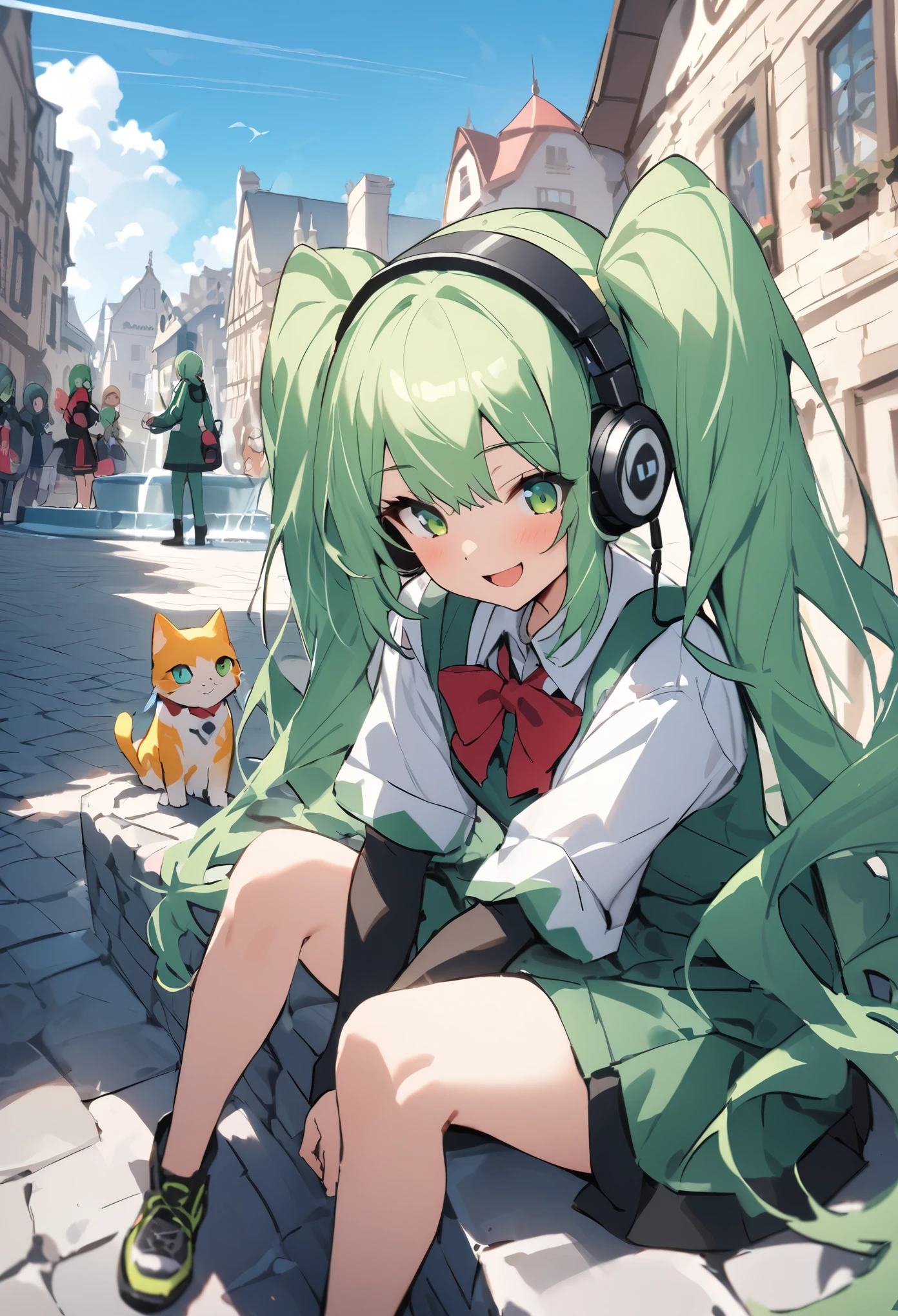 （（（masterpiece))),JK Costume、Student Uniform、One beautiful girl、hatune friend,Long hair in twin tails、Green Hair、Green Eyes、１８Year old girl、Wear headphones and listen to music、Smile、A row of historic buildings、Water from the fountain５Jump out at a height of meters、building、Sit on the stone pavement of the fountain、Sitting、Person taking a break々,Futuristic robot dog and robot cat playing together