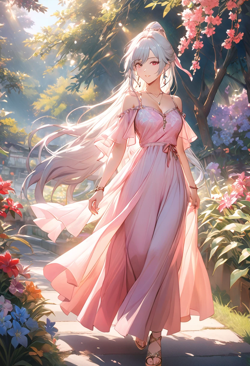 a beautiful woman wearing a floral maxi dress, sandals, long flowing hair, walking in a garden with flowers, sunlight, warm colors, soft focus, cinematic lighting, highly detailed, masterpiece, full body, jingliu,1girl,white hair,long hair,ponytail,hair ribbon,red eyes, earrings, jewelry, whole body, Magazine cover, adult female , mature female, whole body, cleavage, anime cover