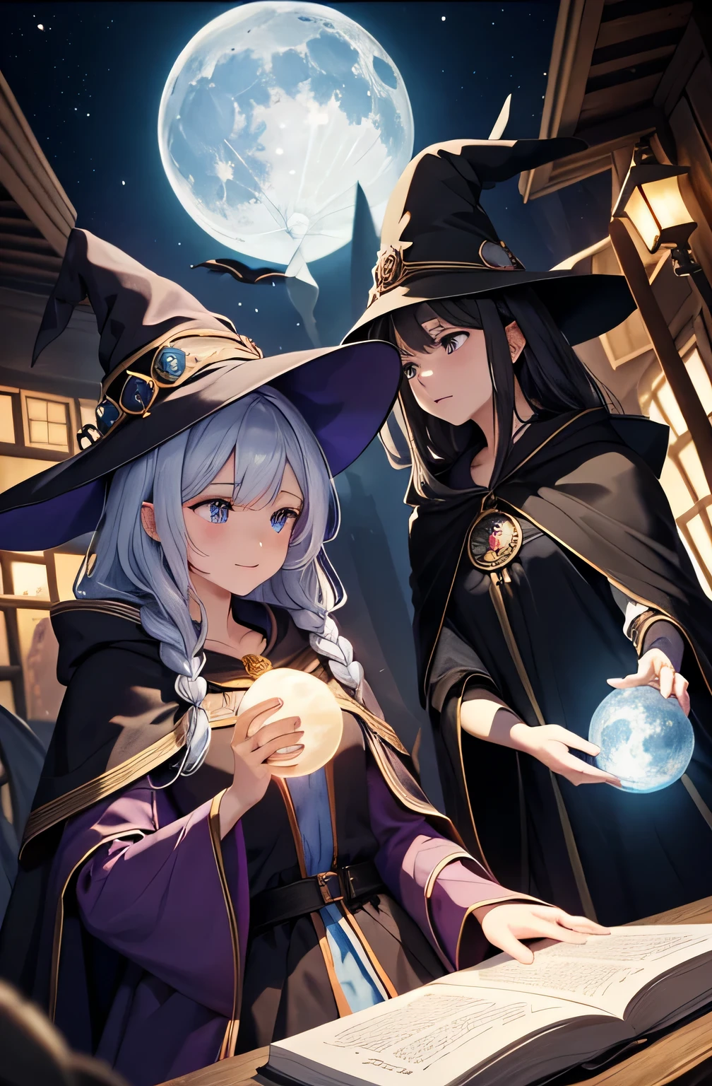 wizard, witch har, masterpiece ,extremely fine and beautiful colors, extremely beautiful and fain design, amazing sapraizz, dynamic production, cinematic lighting ,high resolution ,8k, best quality, , ((Witch of another world fantasy、long cloak、Pointed hat、magic wand))、ancient magic book、magic runes、vial、Portion、dark magic、magic of light、magical jewels、Secret Magic Ingredient、Black cat companion、magic circle、Star divination、Magic Barrier、Magical Treasure、Forest hut、magic fire、Magical rituals、Phases of the moon、