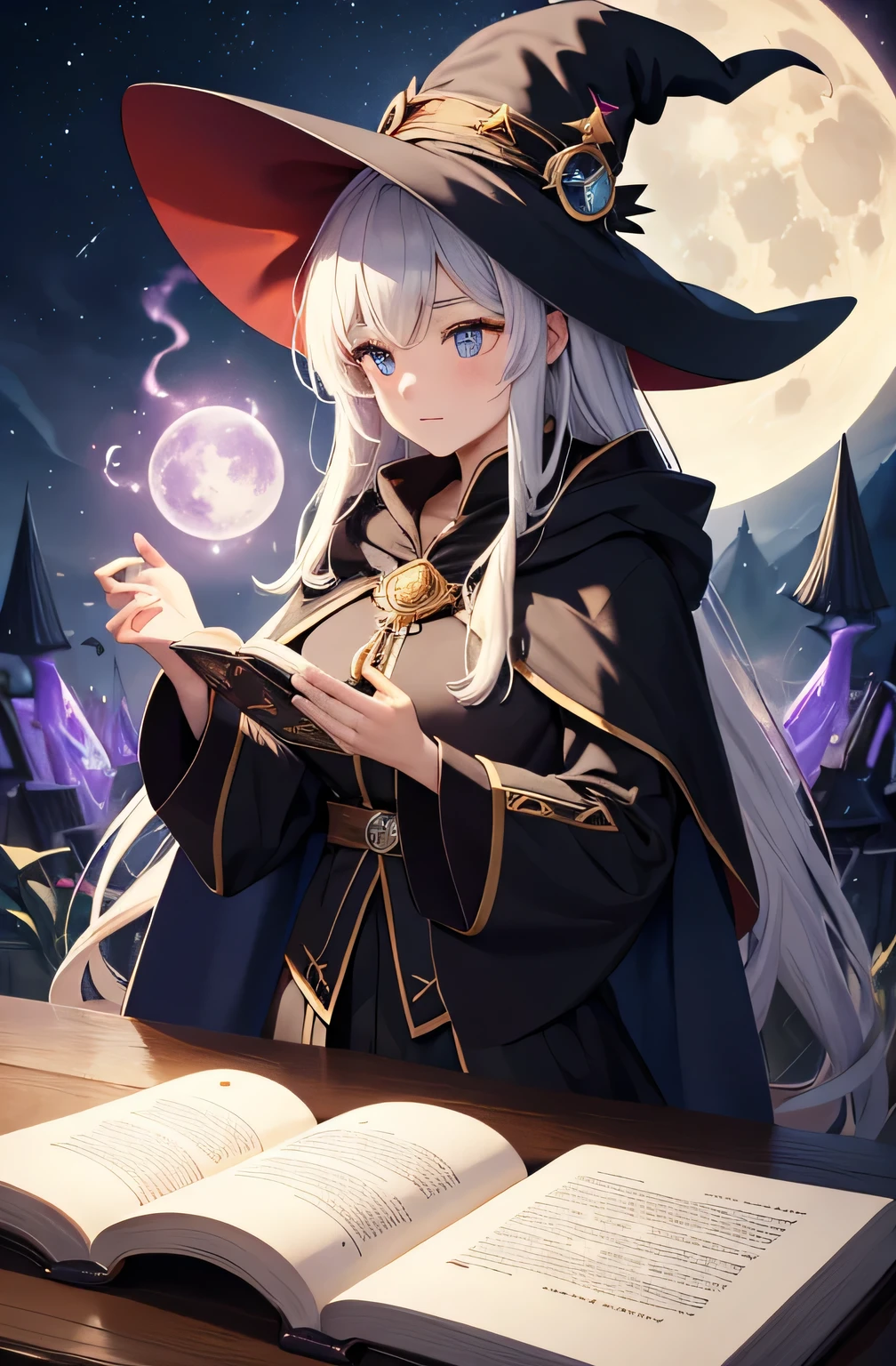 wizard, witch har, masterpiece ,extremely fine and beautiful colors, extremely beautiful and fain design, amazing sapraizz, dynamic production, cinematic lighting ,high resolution ,8k, best quality, , ((Witch of another world fantasy、long cloak、Pointed hat、magic wand))、ancient magic book、magic runes、vial、Portion、dark magic、magic of light、magical jewels、Secret Magic Ingredient、Black cat companion、magic circle、Star divination、Magic Barrier、Magical Treasure、Forest hut、magic fire、Magical rituals、Phases of the moon、