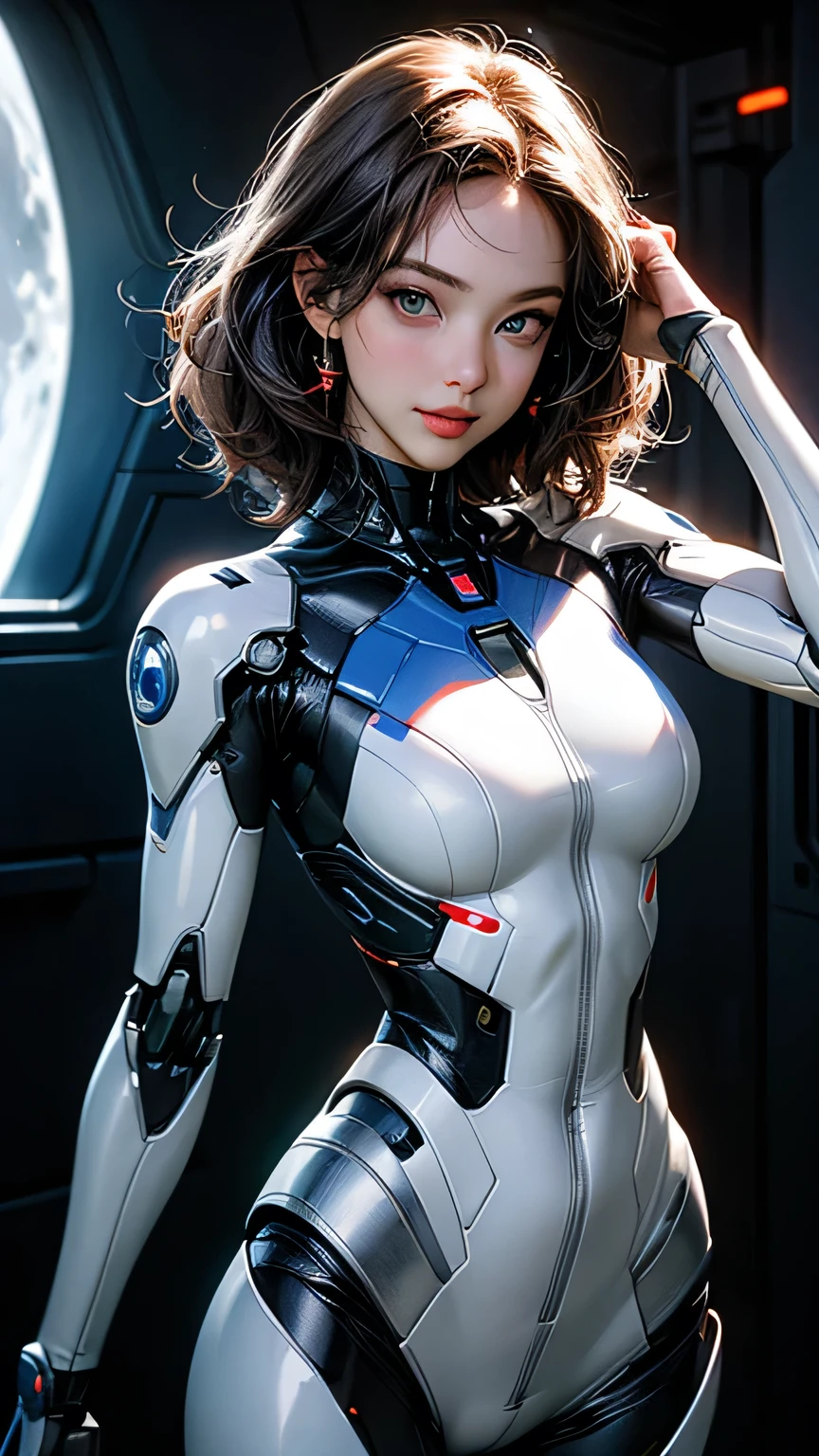 ((Highest quality)), ((masterpiece)), 8K quality, (detailed), High Resolution Skins:1.3, Realistic skin texture, full body, slim figure, smile, close mouth, Natural Makeup, fluffy short hair, Messy Hair, Looking at Viewer, (Upper body from thighs up), sharp focus, Bust B cup, Beautiful eyes in every detail, realistic eyes and face details, depth of field, View from the front, black hair, green eyes, (A woman in a white robot suit poses in a spaceship with big window), running pose, (the Moon is visible from the spaceship window), Hair blowing in the wind, (The robot suit has LED indicators and meters), the mechanical parts and big robot are visible, woman has cybernetic enhancements, glowing neon lines, neon lights, Advanced technology, High-tech products, Beautiful half-Caucasian cyborg girl, cute Cyborg Girl, Beautiful Cyborg Girl, Perfect Robot Girl, Cyborg Girl, Young cyborg woman, beautiful Female Robot, Beautiful robot woman, Cyborg Girl, Perfect cyborg woman, Porcelain Cyborg, Female Robot, Beautiful Cyborg Images, (full body Mecha cyber armor), A female android combatant from the future,dramatic lighting, Color holographic projection, Reflective surface, dramatic lighting, Color holographic projection, Reflective surface,(No Earrings),