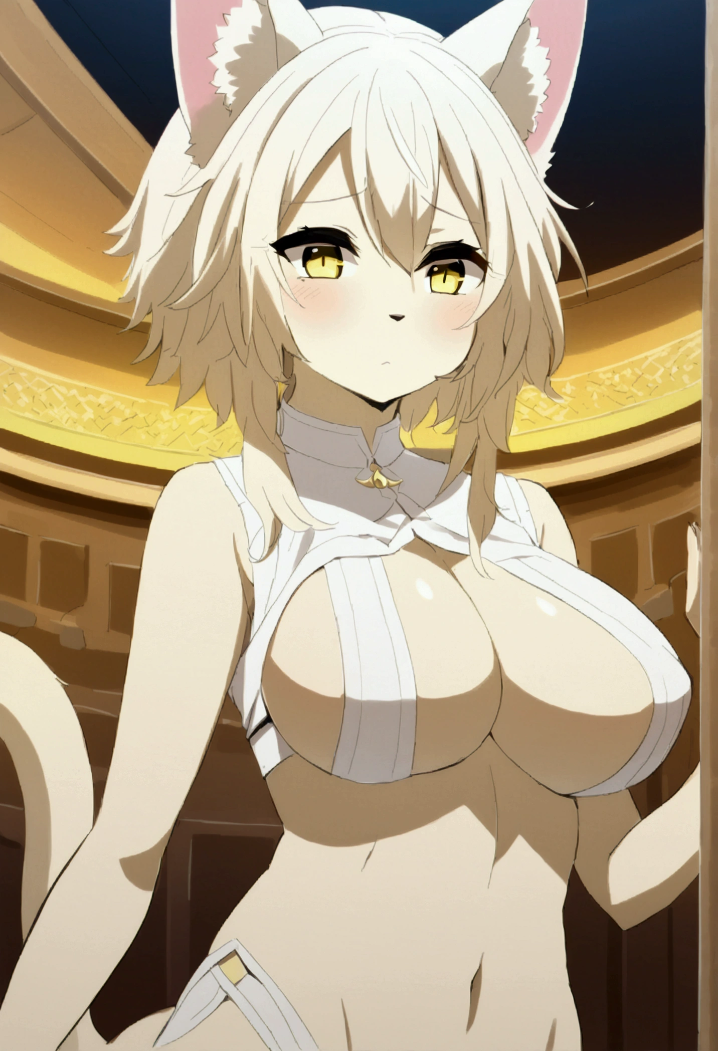 top quality, best quality, High-quality illustrations, masterpiece, uploaded on pixiv), (kemono, anime girl), (very beautiful and detailed body face and eyes), round, 1 female, Zeta, (The Eminence in Shadow), big breasts, cat ears, cat tail, perfect eyes, cat eyes, yellow eyes, body movement, body twitching