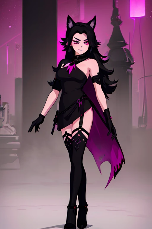 female, black long hair with magenta highlights, silver eyes, black wolf ears, black wolf tail, (((1girl))), (((black and magenta dress))), (black fingerless opera gloves), (black stockings), (black heels), cute and sexy, full body, big breasts, long legs, smiling