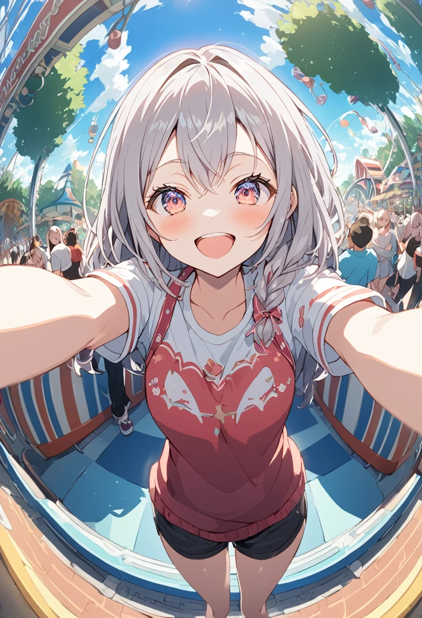 Expand your arms and welcome your audience,big smile,alisa mikhailovna kujou,amusement park,fisheye, cel shading