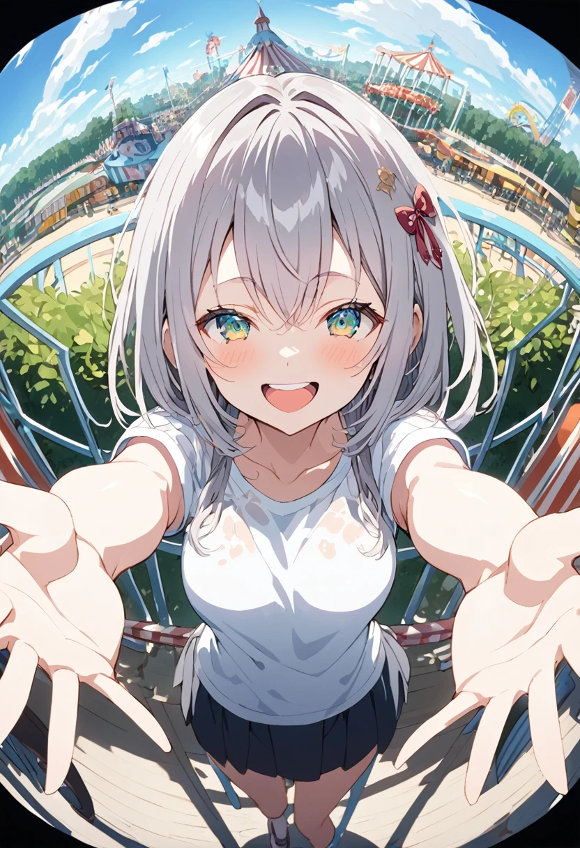 Expand your arms and welcome your audience,big smile,alisa mikhailovna kujou,amusement park,fisheye, cel shading