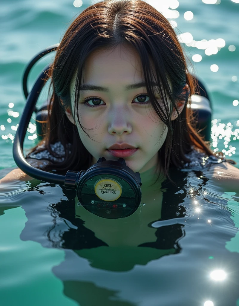  A beautiful and cute 18-year-old Japanese girl with a realistic face as in the picture, extreme close up:1.1, Scuba Diving, Wear a levitation ,  regulator between waves:1.21,  natural makeup , Front View:1.21, Perfect Anatomy:1.21, Small head:1.21, Slender body:1.37, Narrow waist:1.5, Thin limbs:1.5,  flat chest:1.5, Anatomically correct limbs, Diving Suits,  Fully equipped for diving , Very cute Japanese woman, Brown Hair, Wavy Hair, Calm sea in summer,   Dynamic and emotional movie lighting  , 