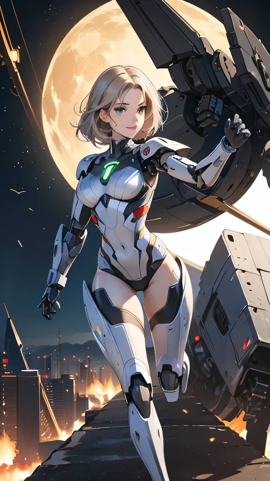 ((Highest quality)), ((masterpiece)), 8K quality, (detailed), High Resolution Skins:1.3, Realistic skin texture, full body, slim figure, smile, close mouth, Natural Makeup, fluffy short hair, Messy Hair, Looking at Viewer, (Upper body from thighs up), sharp focus, Bust B cup, Beautiful eyes in every detail, realistic eyes and face details, depth of field, View from the front, platinum blonde hair, green eyes, (A woman in a white robot suit poses in a spaceship with big window), running pose, (the Moon is visible from the spaceship window), Hair blowing in the wind, (The robot suit has LED indicators and meters), the mechanical parts and big robot are visible, woman has cybernetic enhancements, glowing neon lines, neon lights, Advanced technology, High-tech products, Beautiful half-Caucasian cyborg girl, cute Cyborg Girl, Beautiful Cyborg Girl, Perfect Robot Girl, Cyborg Girl, Young cyborg woman, beautiful Female Robot, Beautiful robot woman, Cyborg Girl, Perfect cyborg woman, Porcelain Cyborg, Female Robot, Beautiful Cyborg Images, (full body Mecha cyber armor), A female android combatant from the future, dramatic lighting, Color holographic projection, Reflective surface,