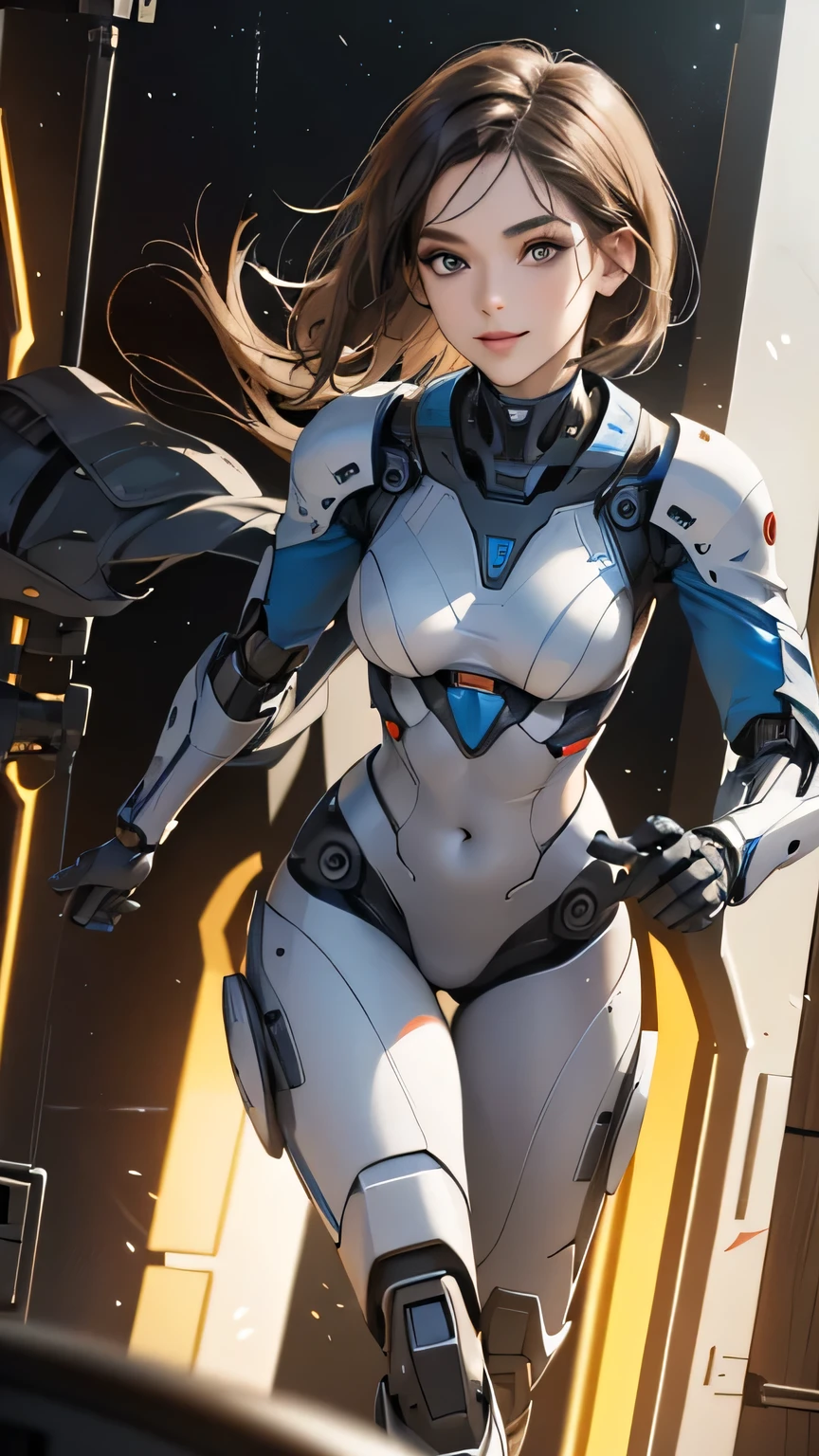 ((Highest quality)), ((masterpiece)), 8K quality, (detailed), High Resolution Skins:1.3, Realistic skin texture, full body, slim figure, smile, close mouth, Natural Makeup, fluffy short hair, Messy Hair, Looking at Viewer, (Upper body from thighs up), sharp focus, Bust B cup, Beautiful eyes in every detail, realistic eyes and face details, depth of field, View from the front, black hair, green eyes, (A woman in a white robot suit poses in a spaceship with big window), running pose, (the Moon is visible from the spaceship window), Hair blowing in the wind, (The robot suit has LED indicators and meters), the mechanical parts and big robot are visible, woman has cybernetic enhancements, glowing neon lines, neon lights, Advanced technology, High-tech products, Beautiful half-Caucasian cyborg girl, cute Cyborg Girl, Beautiful Cyborg Girl, Perfect Robot Girl, Cyborg Girl, Young cyborg woman, beautiful Female Robot, Beautiful robot woman, Cyborg Girl, Perfect cyborg woman, Porcelain Cyborg, Female Robot, Beautiful Cyborg Images, (full body Mecha cyber armor), A female android combatant from the future,dramatic lighting, Color holographic projection, Reflective surface, dramatic lighting, Color holographic projection, Reflective surface,