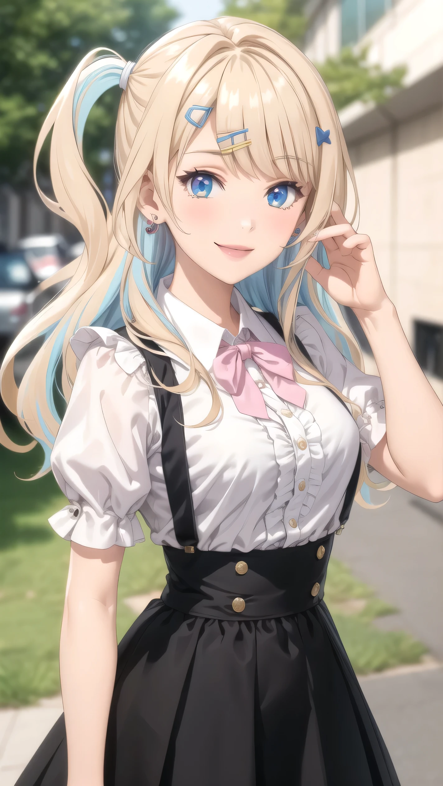 (masterpiece, best quality), ShirakawaRuna, 1girl, blonde hair, multicolored hair, bangs, one side up, long hair, blue eyes, hairclip, jewelry, earrings, medium breasts, frills, puffy sleeves, puffy short sleeves, suspenders, frilled skirt, pink skirt, smile, blush, looking at viewer, 