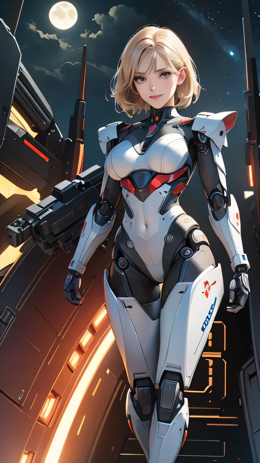 ((Highest quality)), ((masterpiece)), 8K quality, (detailed), High Resolution Skins:1.3, Realistic skin texture, full body, slim figure, (smile), close mouth, Natural Makeup, fluffy short hair, Messy Hair, Looking at Viewer, (Upper body from thighs up), sharp focus, Bust B cup, Beautiful eyes in every detail, realistic eyes and face details, depth of field, View from the front, platinum blonde hair, green eyes, (A woman in a red robot suit poses in a spaceship with big window), running pose, (the Moon is visible from the spaceship window), Hair blowing in the wind, (The robot suit has LED indicators and meters), the mechanical parts and big robot are visible, woman has cybernetic enhancements, glowing neon lines, neon lights, Advanced technology, High-tech products, Beautiful half-Caucasian cyborg girl, cute Cyborg Girl, Beautiful Cyborg Girl, Perfect Robot Girl, Cyborg Girl, Young cyborg woman, beautiful Female Robot, Beautiful robot woman, Cyborg Girl, Perfect cyborg woman, Porcelain Cyborg, Female Robot, Beautiful Cyborg Images, (full body Mecha cyber armor), A female android combatant from the future, dramatic lighting, Color holographic projection, Reflective surface,