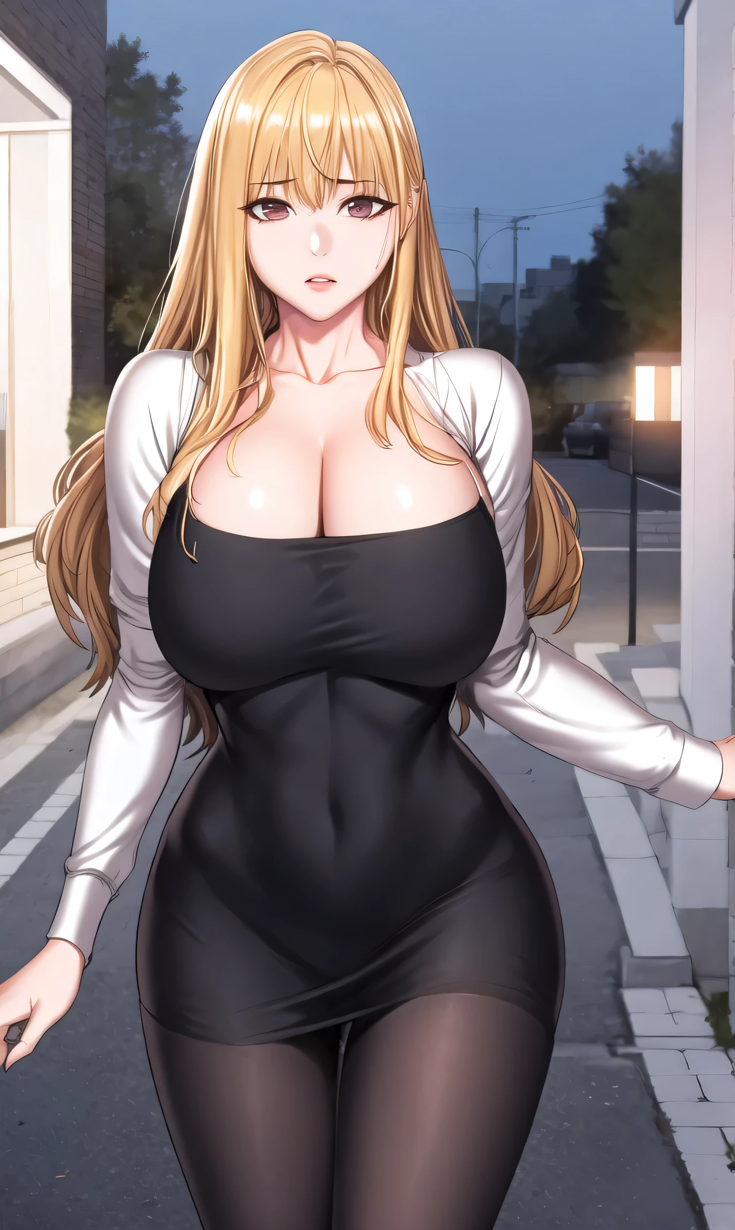 score_9, score_8_up, score_7_up, score_6_up, score_5_up, score_4_up, (8k, RAW photo, best quality, masterpiece:1.2),1girl,solo,mature female,blonde hair,long hair,brown eyes, curvy, breasts, cleavage, sweater, loose sweater, bare shoulders, pantyhose, collarbone 
, standing, night, city, outdoors 