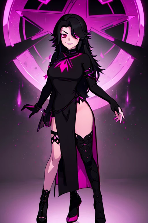 female, black long hair with magenta highlights, silver eyes, black wolf ears, black wolf tail, (((1girl))), (((black and magenta dress))), (black fingerless opera gloves), (black stockings), (black heels), cute and sexy, full body, big breasts, long legs, smiling