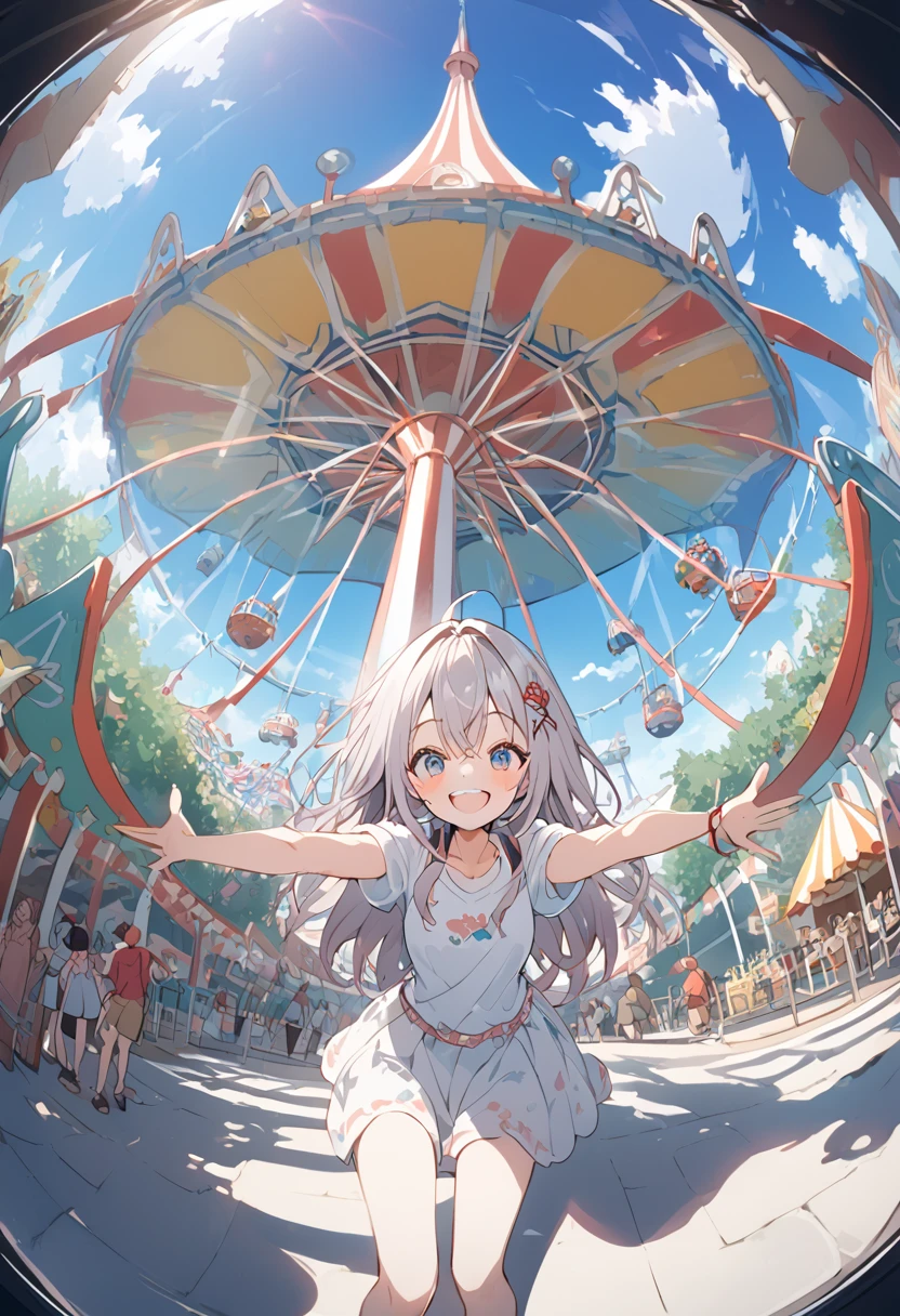 Expand your arms and welcome your audience,big smile,alisa mikhailovna kujou,amusement park,fisheye, cel shading