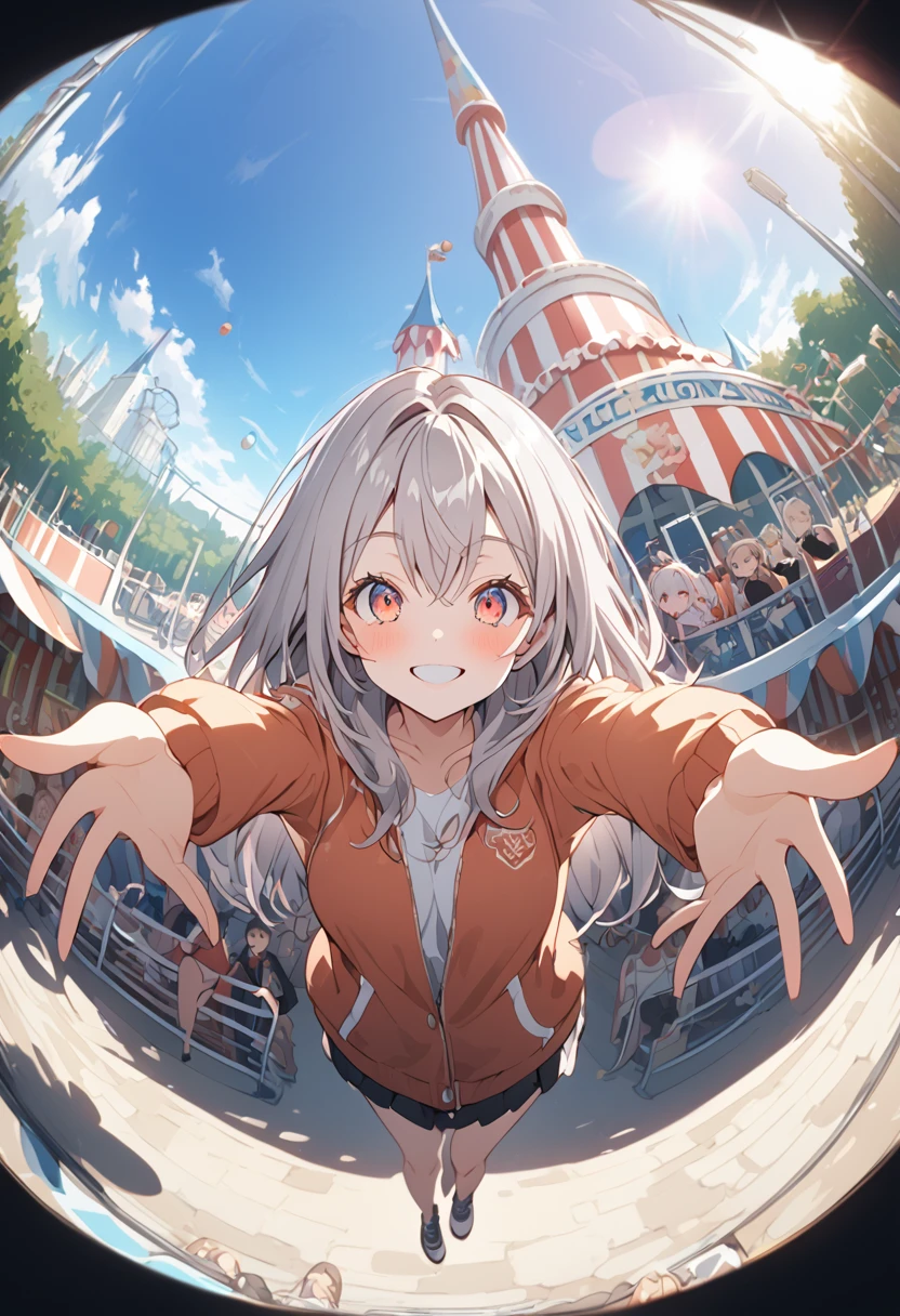 Expand your arms and welcome your audience,big smile,alisa mikhailovna kujou,amusement park,fisheye, cel shading