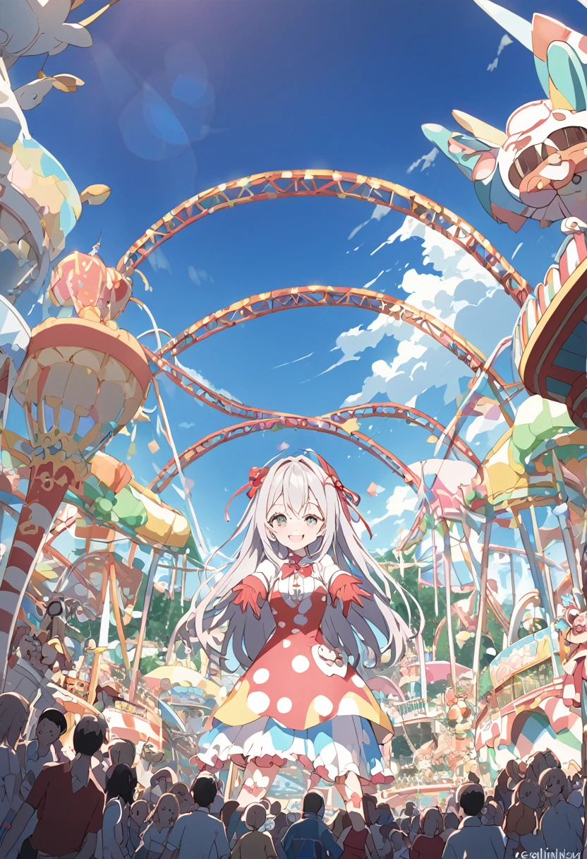 Expand your arms and welcome your audience,big smile,alisa mikhailovna kujou,amusement park, cel shading,from below