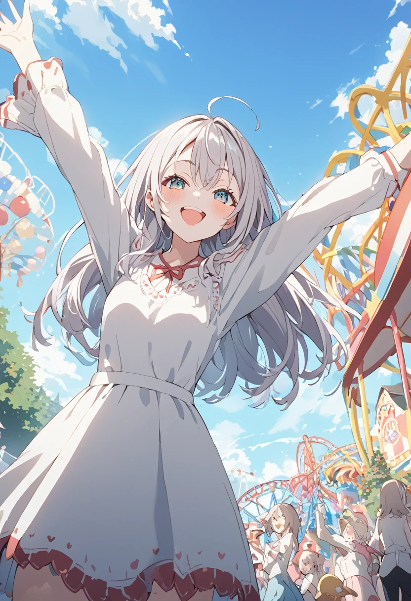 Expand your arms and welcome your audience,big smile,alisa mikhailovna kujou,amusement park, cel shading,from below