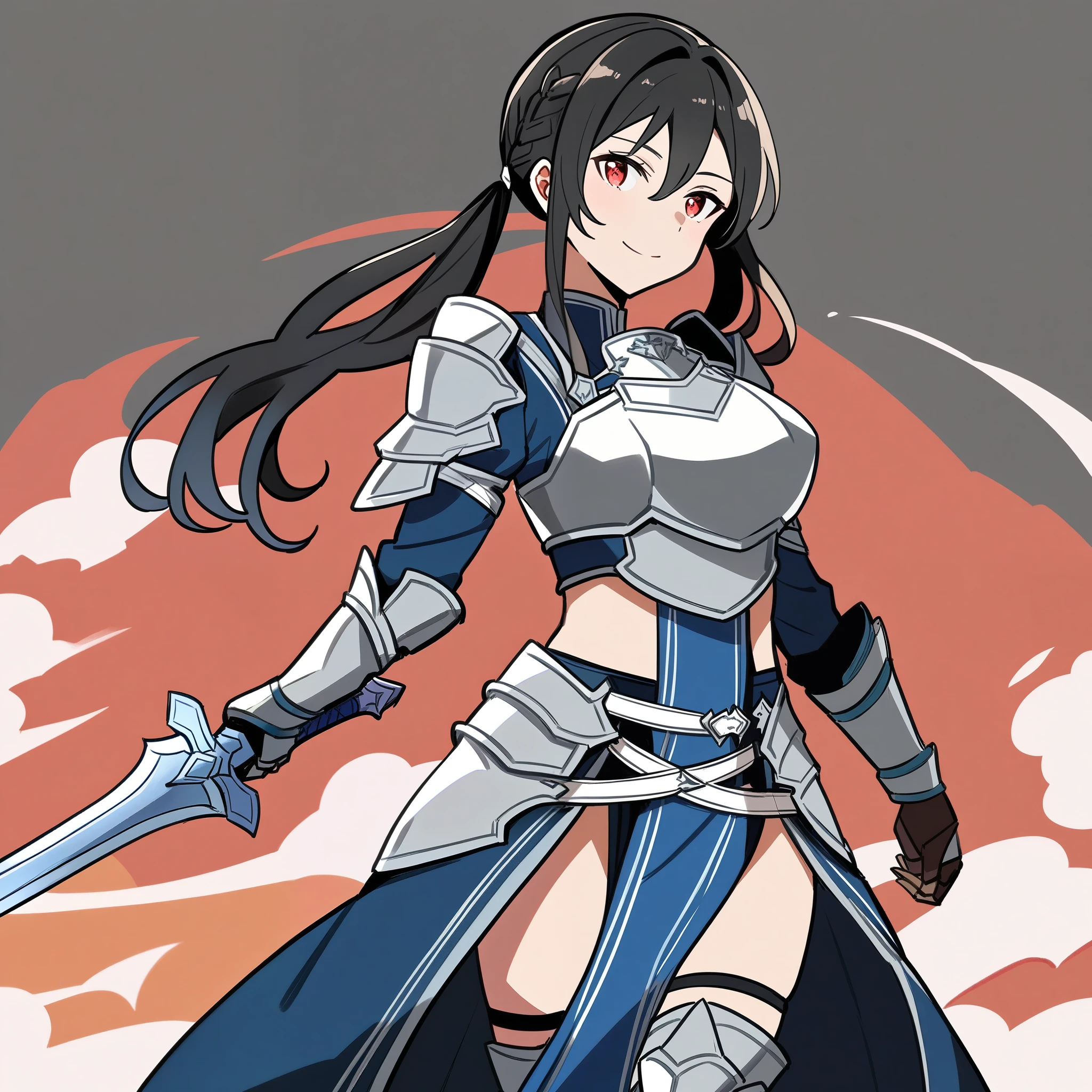 (high-quality, breathtaking),(expressive eyes, perfect face) 1girl, female, solo, Sword Art Online, mature, half open eyes, Alicization, Symmetrical Eyes, simple background, gentle smile, long hair, fantasy outfit, SAO inspired, metTif, armor, chest plate, sword art online outfit, cowboy shot, medium full shot, black hair, bangs, alluring red eyes, large breasts, knight, Armored Boots, Thigh-high Heeled Boots, Armored Gauntlets, battle Skirt, black white and red palette, hair between eyes, fluffy wavy hair, half open eyes, cute pigtails, large sword
