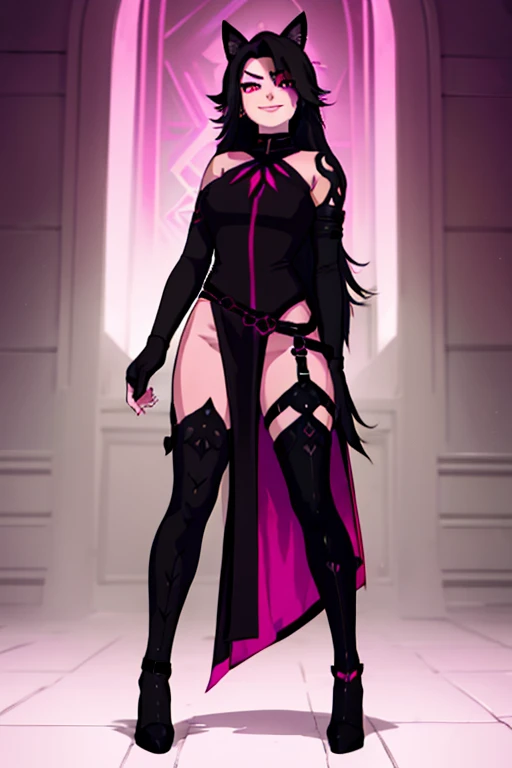 female, black long hair with magenta highlights, silver eyes, black wolf ears, black wolf tail, (((1girl))), (((black and magenta dress))), (black fingerless opera gloves), (black stockings), (black heels), cute and sexy, full body, big breasts, long legs, smiling