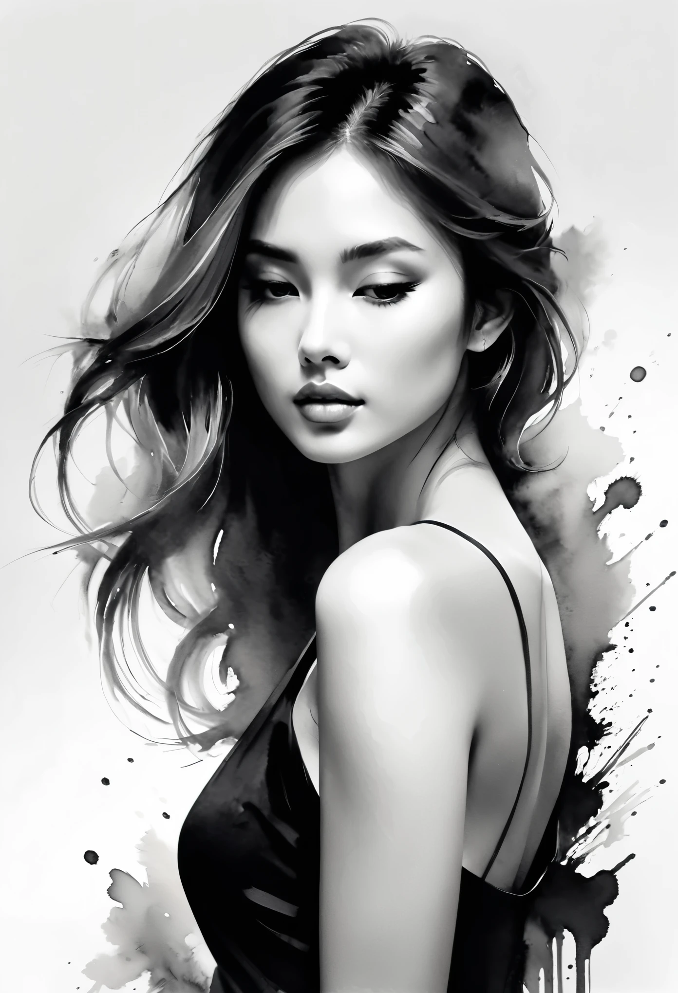 girl，ink painting，soft brush strokes， Draw delicate lines with a pen，fluid action，Subtle ink shadows ，elegant posture，peaceful look， delicate features ，black and white，clean