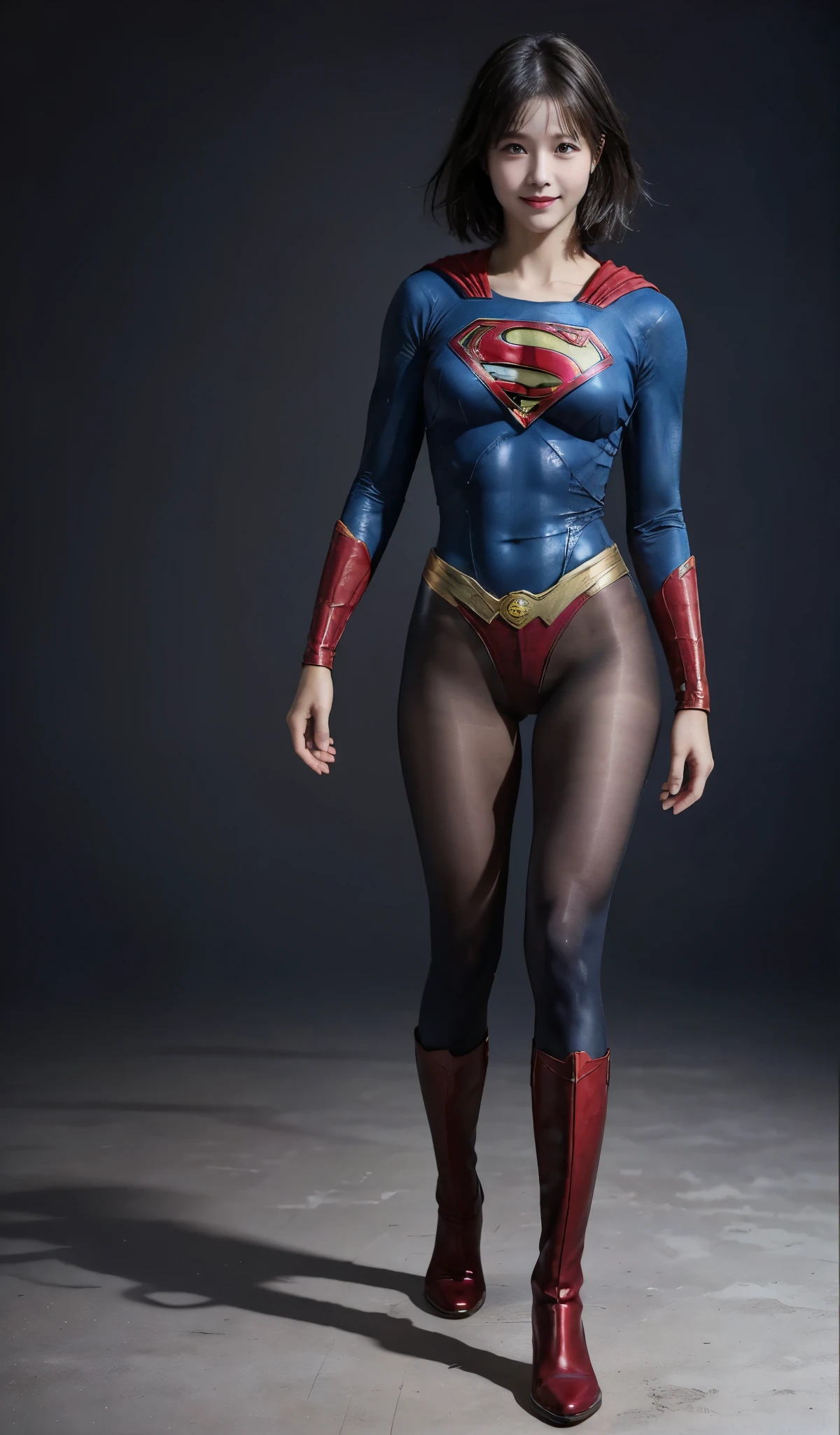 No background、(((Beautiful legs in black tights.)))、(((Legally Express the Beauty of Your Smile)))、((((Make the most of your original images)))、((( Supergirl Costume)))、(((Beautiful short bob hair)))、(((suffering)))、(((Please wear black tights....、Wear red boots)))、((Highest quality、8k))、((Best Quality、8k、masterpiece:1.3))、(((Save Background )))、Sharp focus:1.2、  Beautiful Woman with Perfect Figure :1.4、Thin abdominal muscles:1.2、Wet body:1.5、 highly detailed face and skin textures、8k